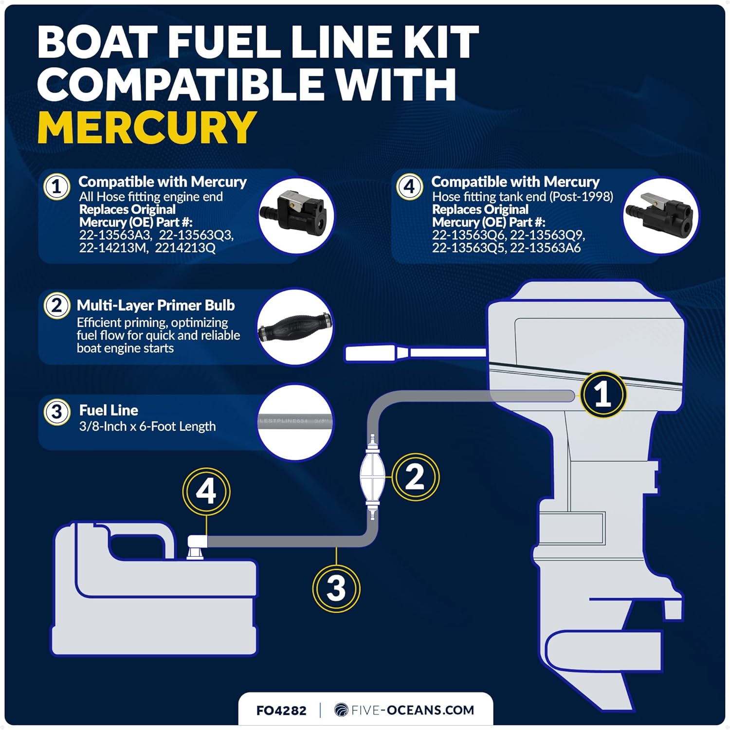 Five Oceans Marine Boat Fuel Line Kit Compatible with Mercury 3/8-Inch x 6-Foot, EPA/CARB Approved, Leakproof Outboard Fuel Line for All Mercury Engine End & Tank End Male Fitting (Post-1998) - FO4282