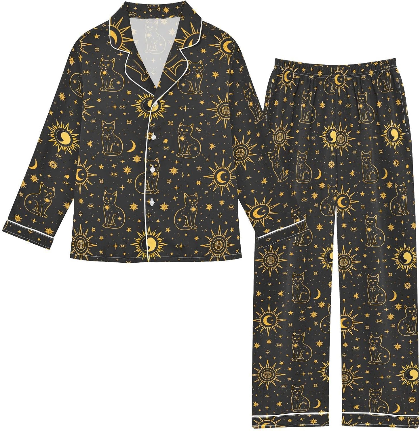 Golden Edged Cat Satin Pajama Sets Long Sleeves Nightwear Button Down Sleepwear