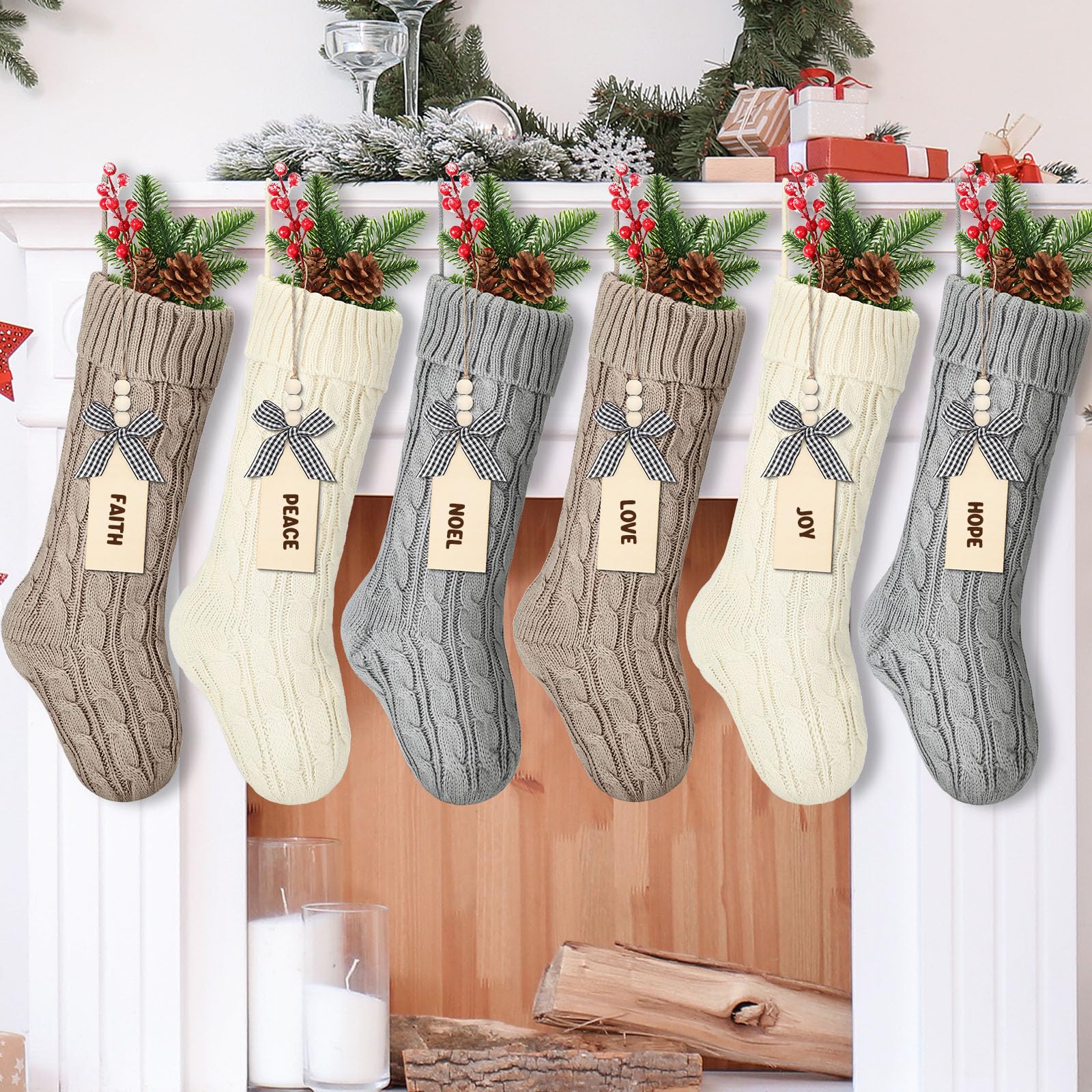 Zhanmai 6 Pack 18'' Farmhouse Knitted Christmas Stockings with Wooden Name Tags Rustic Neutral Cable Knit Fireplace Boho Christmas Stocking for Family Holiday Decor(Classic Style)