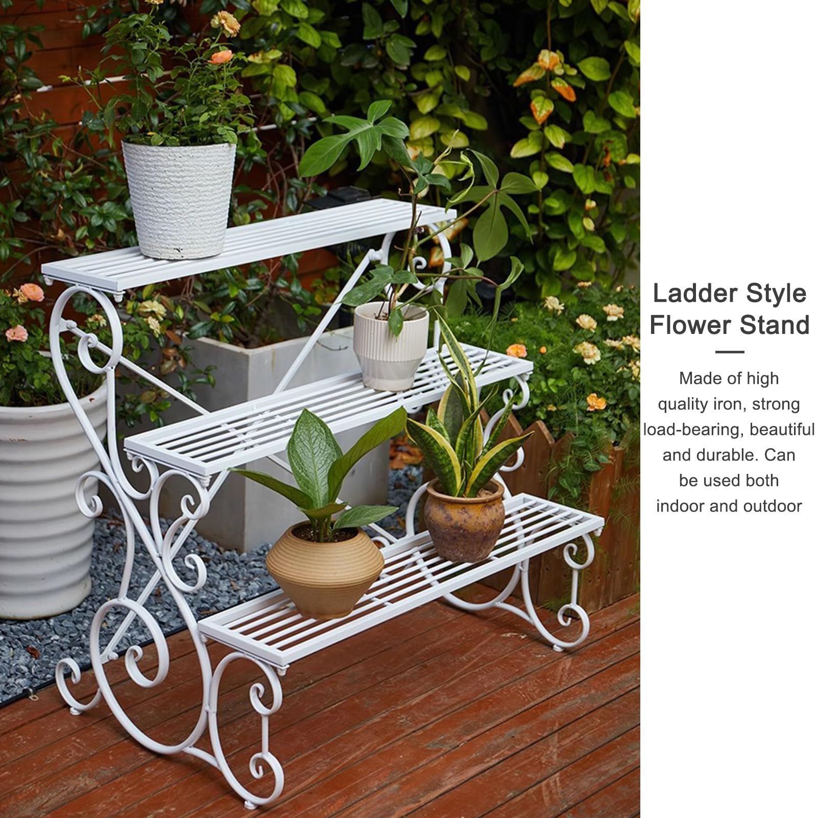 Support échelle à 3 niveaux pour plantes - Autonome - Gain de place - Pour intérieur ou extérieur - Pour jardin, terrasse, balcon
