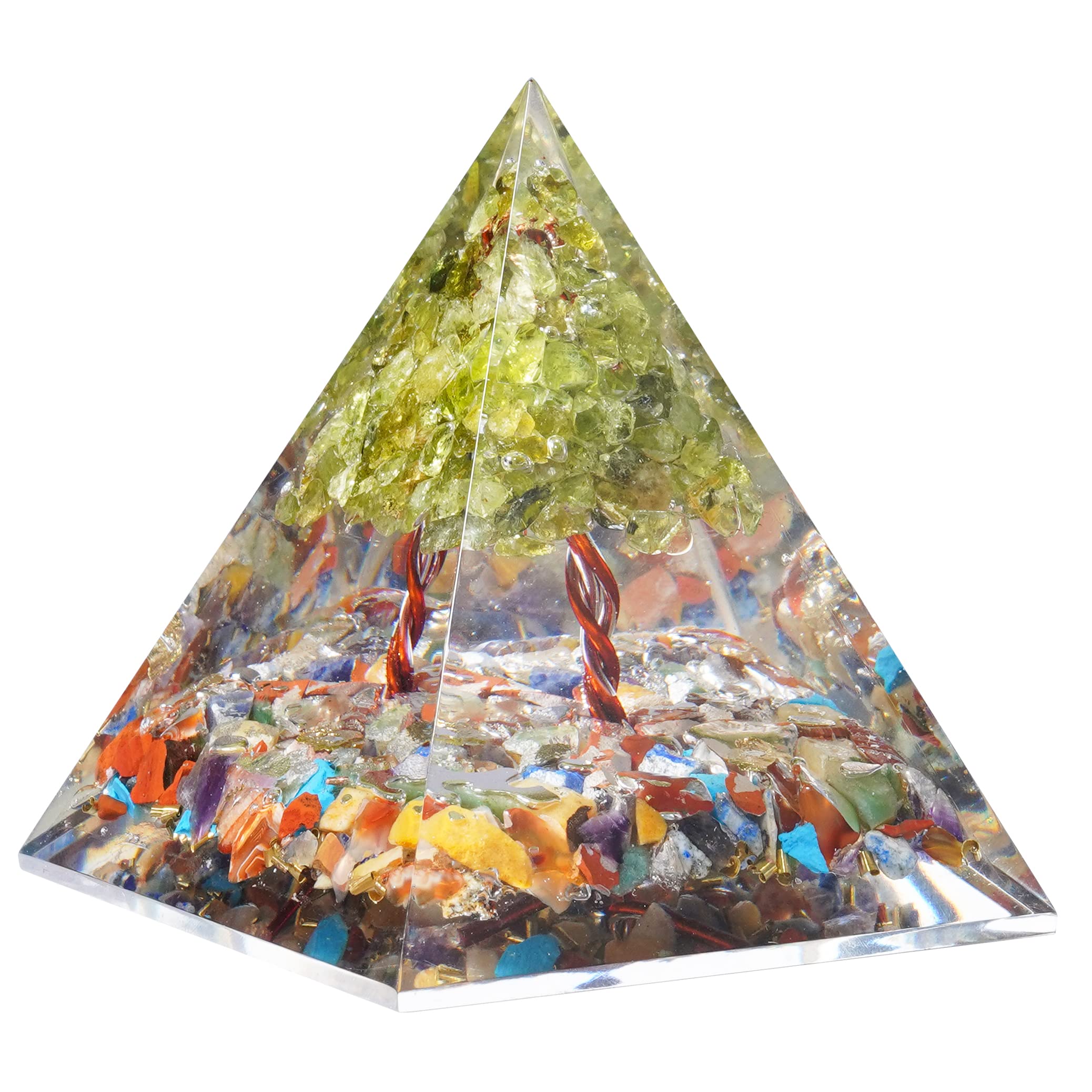 Crocon Orgone Mix Chakra Crystal Pyramid Filled with Peridot Tree for Reiki Healing Bonsai Money Tree Crystals Good Luck Home Decor Office Kitchen Halloween Decoration Gift Size 60-70 mm
