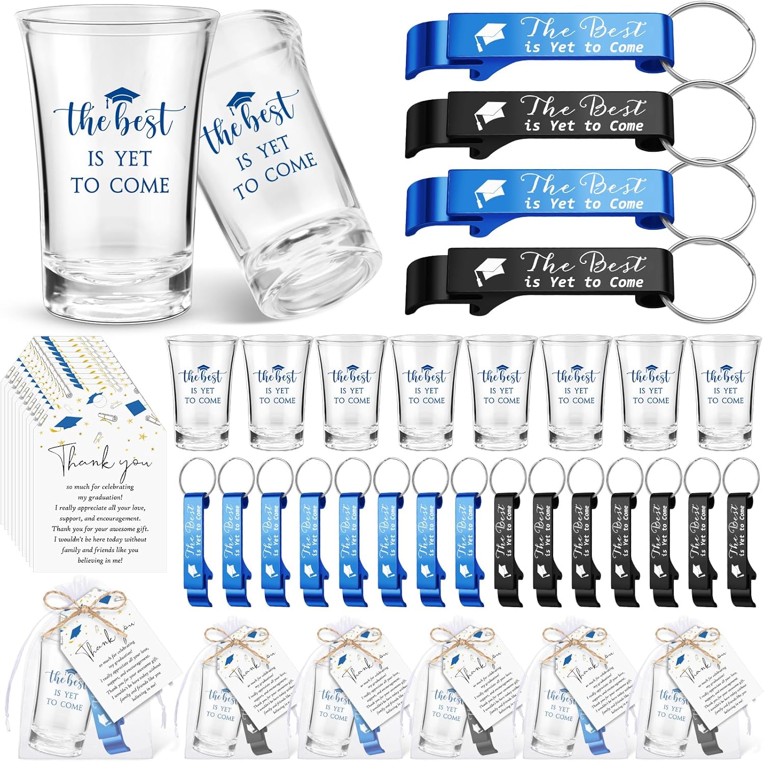 Maxcheck 25 Sets Graduation Party Favors the Best Is Yet to Come Acrylic Shot Glasses Bottle Opener Keychain Thank You Card Bulk Grad High School College for Guests Souvenir Gifts (Blue)