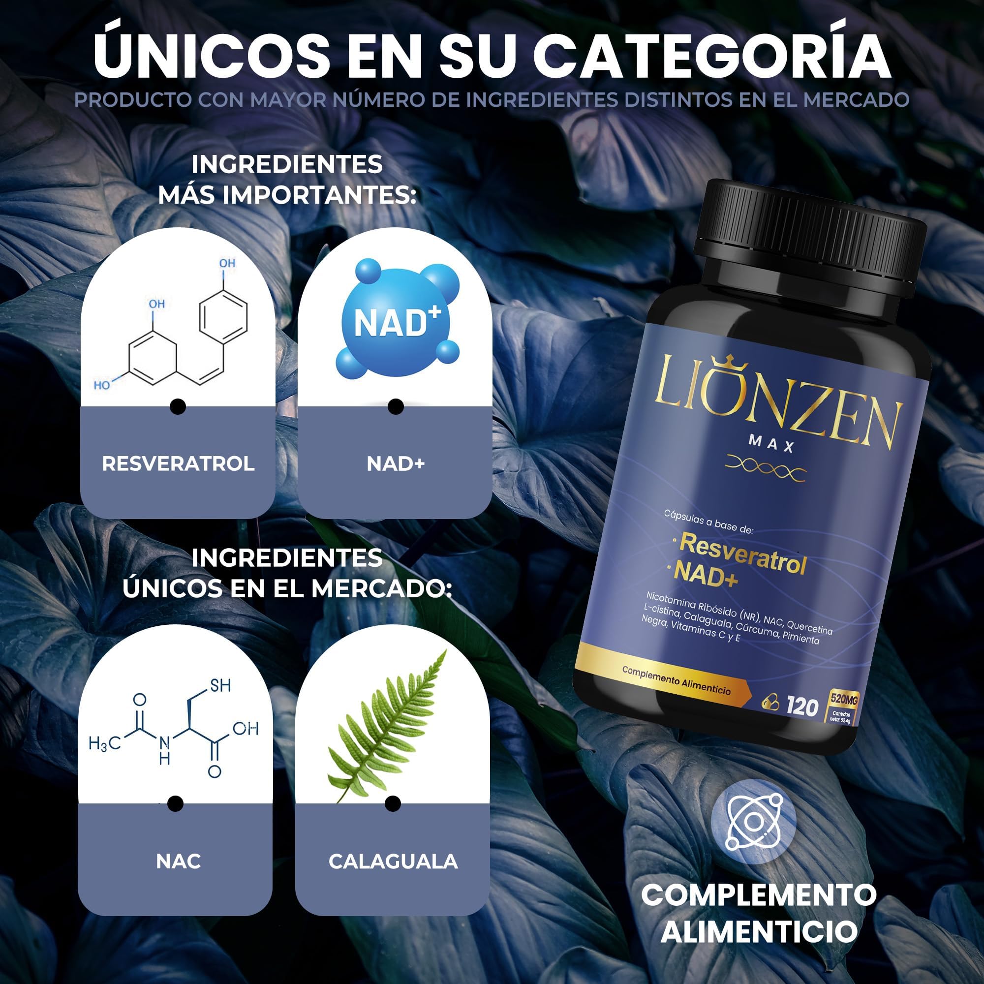 NAD Resveratrol puro 1000mg Antienvejecimiento Energía Celular Nicotinamide Riboside Quercetina NAC Cúrcuma Lionzen Max