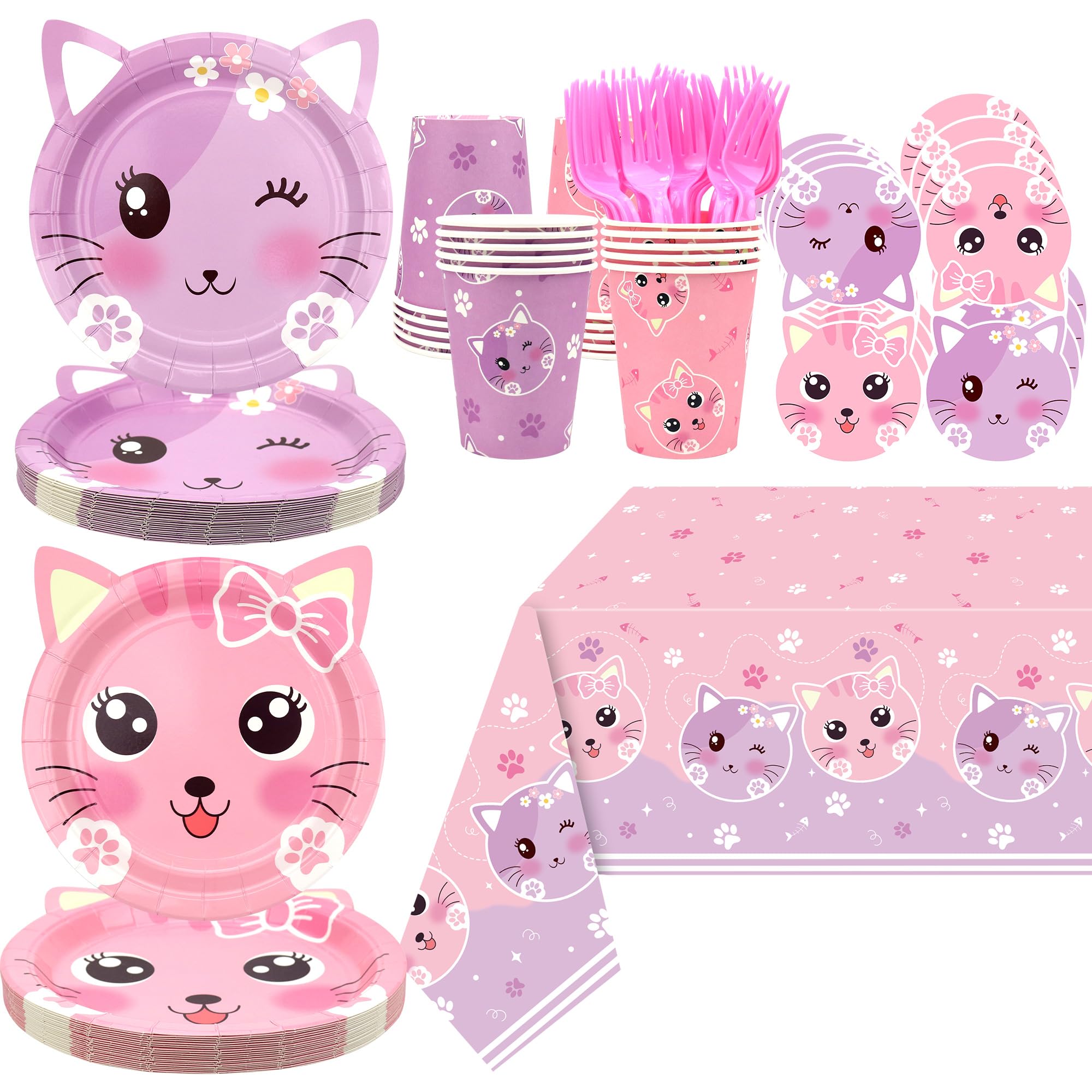 Cat Birthday Party Supplies Set, Kitten Tableware Includes Plates, Tablecloth, Cups, Forks and Straws for Kids Cat Party Decorations, Serves 20 Guest (A)