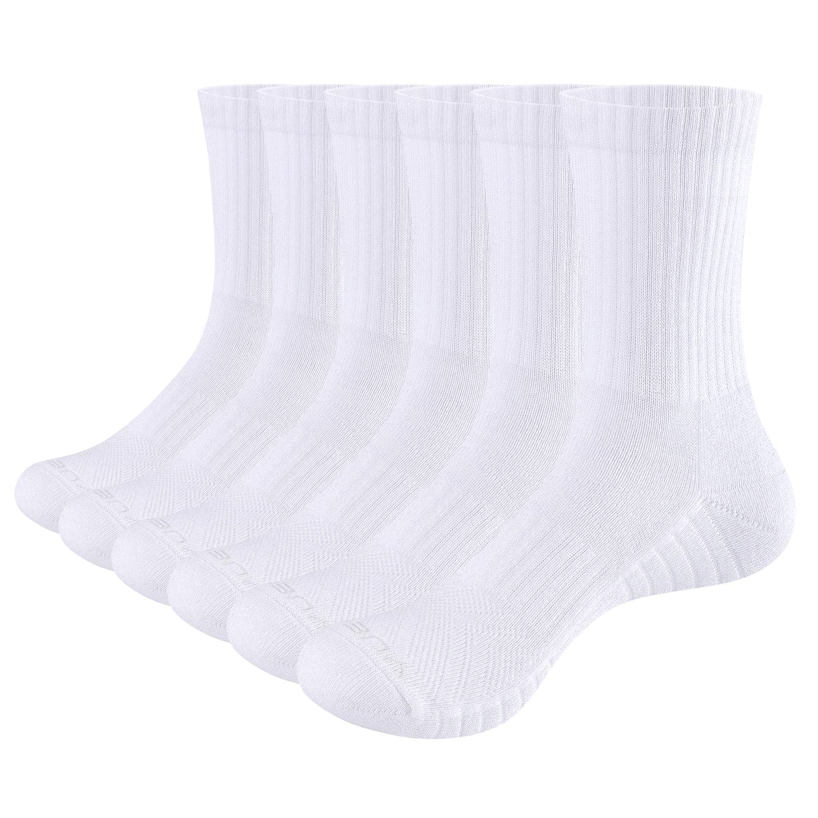 YUEDGE Mens Socks Cushioned Walking Sports Socks for Men, Performance Gym Tennis Training Athletic Sock Breathable Wicking Work Socks Cotton Crew Sock for Men 8-10, White, 6 Pairs