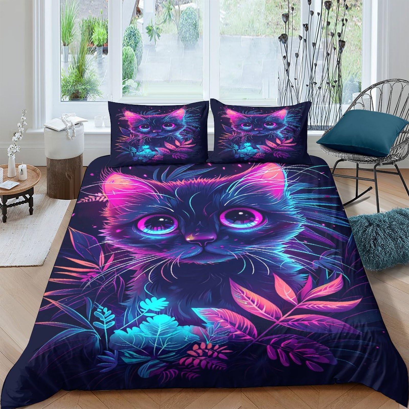 Ctjqhvkz Style-7 3D Printed Neon Cat Fitted Sheet Microfiber Soft Breathable Fantasy Floral Bed Cover For Bedroom Guestroom Decor Single（135X200cm）