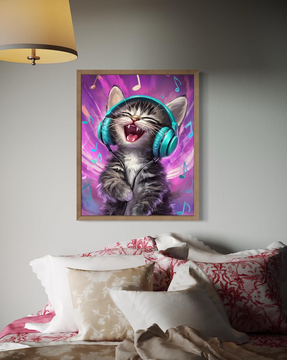 Kitten with Headphones Wall Art Funny Cat Prints, Vintage Style Cute Bathroom Art Poster for Restroom Decoration, Humor Wall Decor Fun Kitten Artwork Decor 92 (Kitten with Headphones, 16 x 20 inches, Wood Frame)