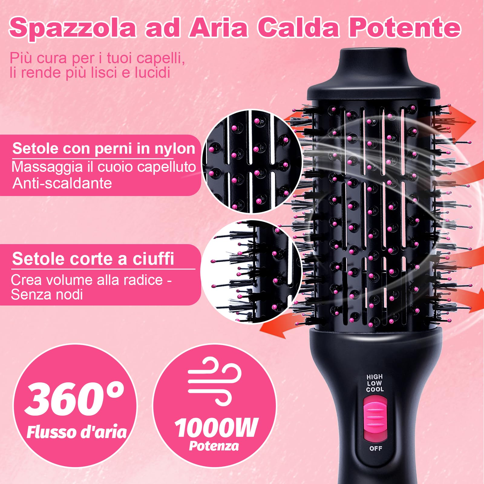 Spazzola ad Aria Calda, Spazzola Asciugacapelli 4 in 1, Spazzola Lisciante per Capelli per asciugatura, lisciatura, arricciatura e volume, Volume Capelli 3 Temperature e 2 Livelli di Flusso