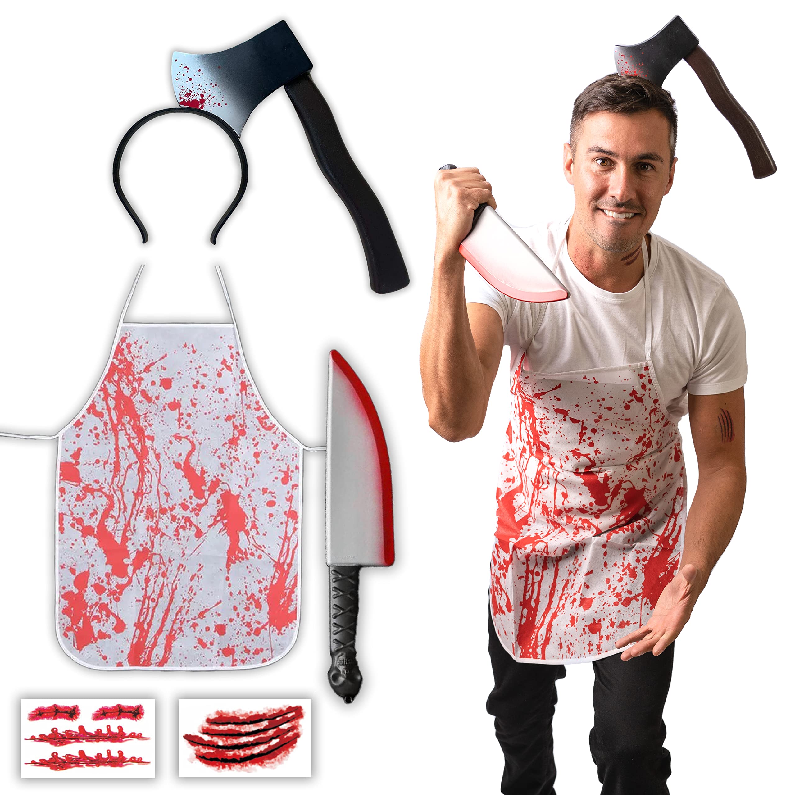 5 pcs Axe Butcher Costume - Halloween Costumes For Men - Adult & Teen One Size Fits All - 2024 Trending Fancy Dress - UK Based Brand