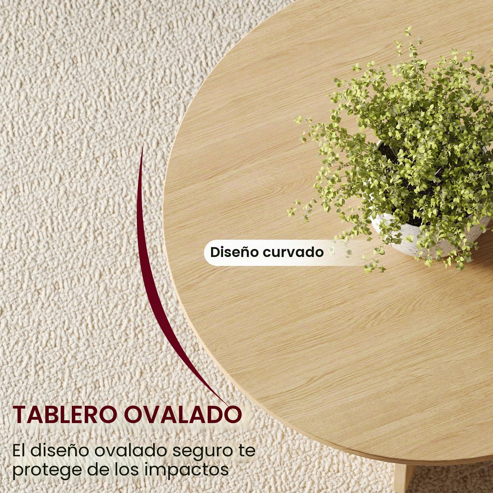 YOUDENOVA Mesa de centro ovalada de madera moderna, mesa de salón con estante, mesa de café, mesa pequeña para salón, roble natural, 120 x 60 x 40 cm