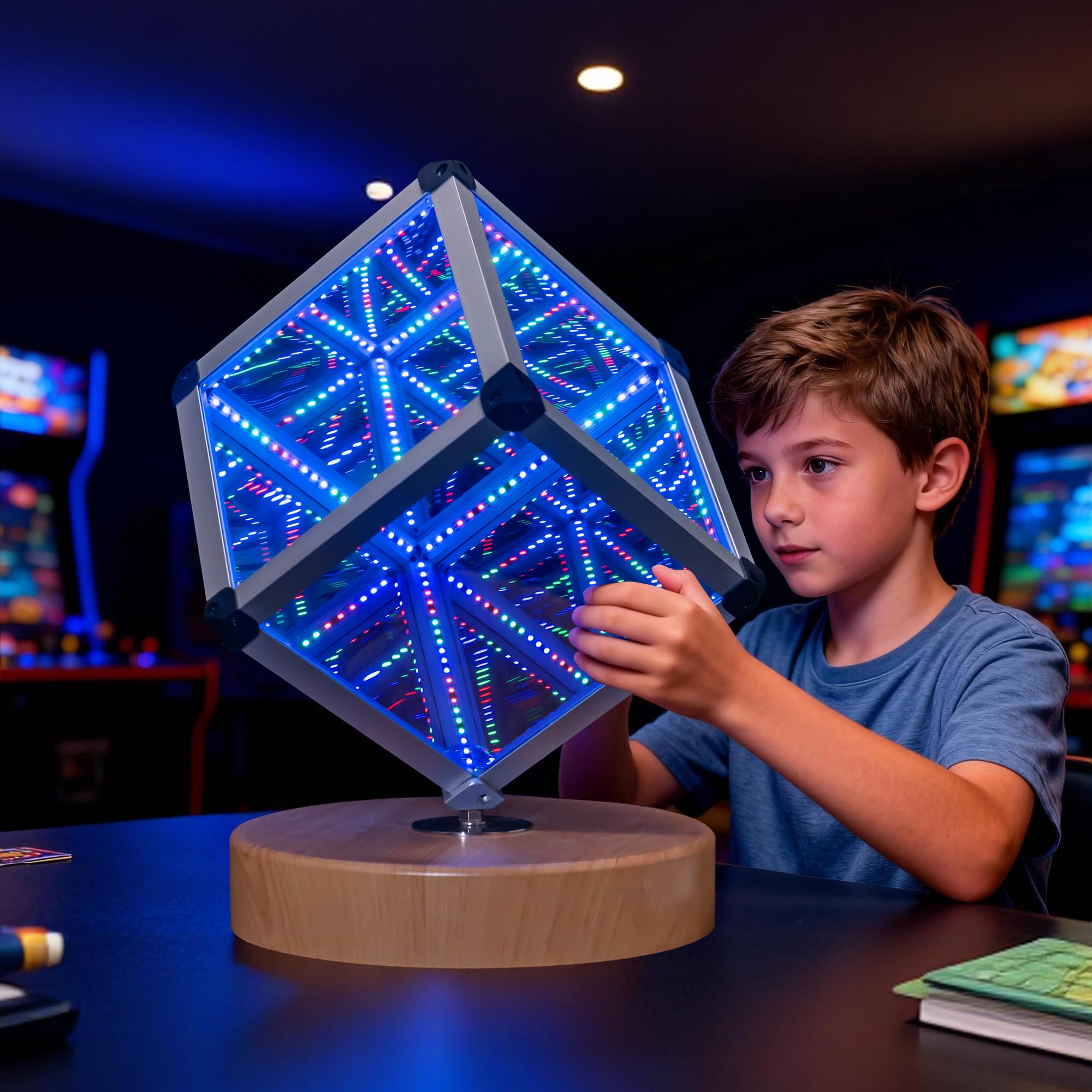 SENTAUR Infinity Cube LED Light - 3D Rotating Magic Mirror Cube Lamp with Wooden Base Adjustable RGB Color