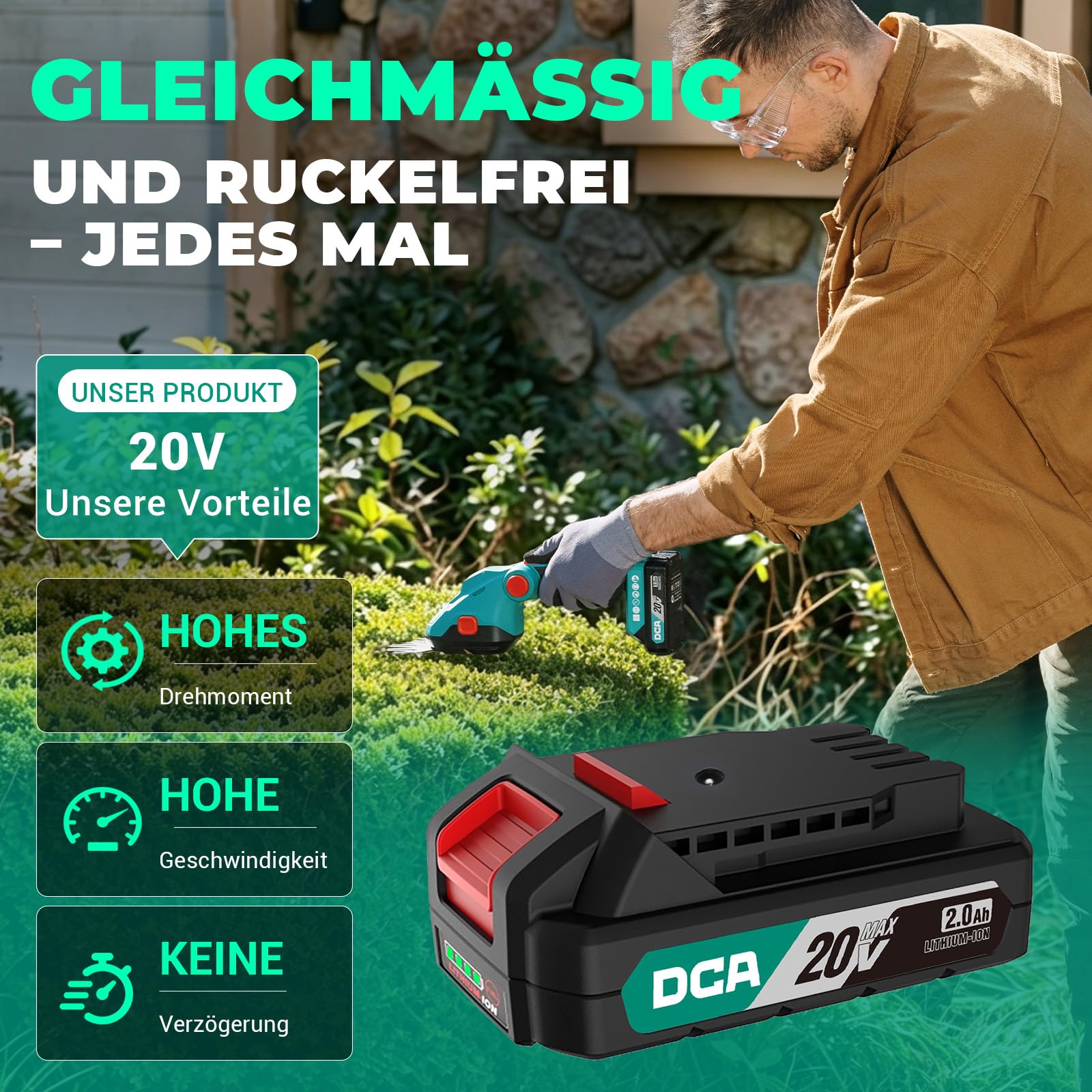 DCA 20V Akku Grasschere und Strauchschere 2-in-1 Rasenkantenschneider | 100mm Grasscherenblatt & 200mm Heckenscherenblatt, 2.0Ah Akku, 3-fach verstellbarer Schneidwinkel