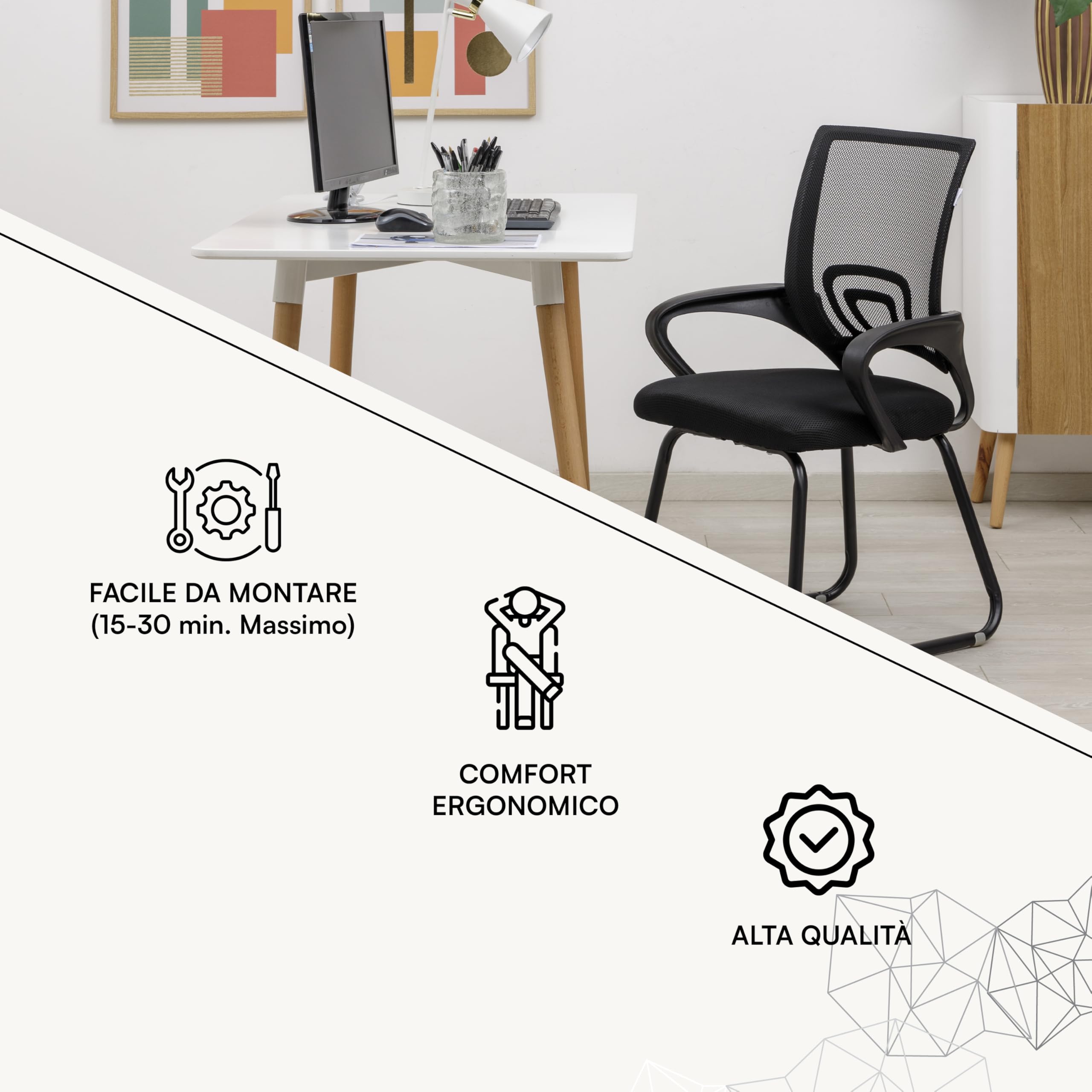 Baroni Home Sedia da Ufficio con Braccioli con Schienale Ergonomico in Tela Traspirante, Poltroncina a Sbalzo per Sale d'Attesa e Conferenze, Carico 130 kg, Nera con Gambe Nere, 46x50x88 cm
