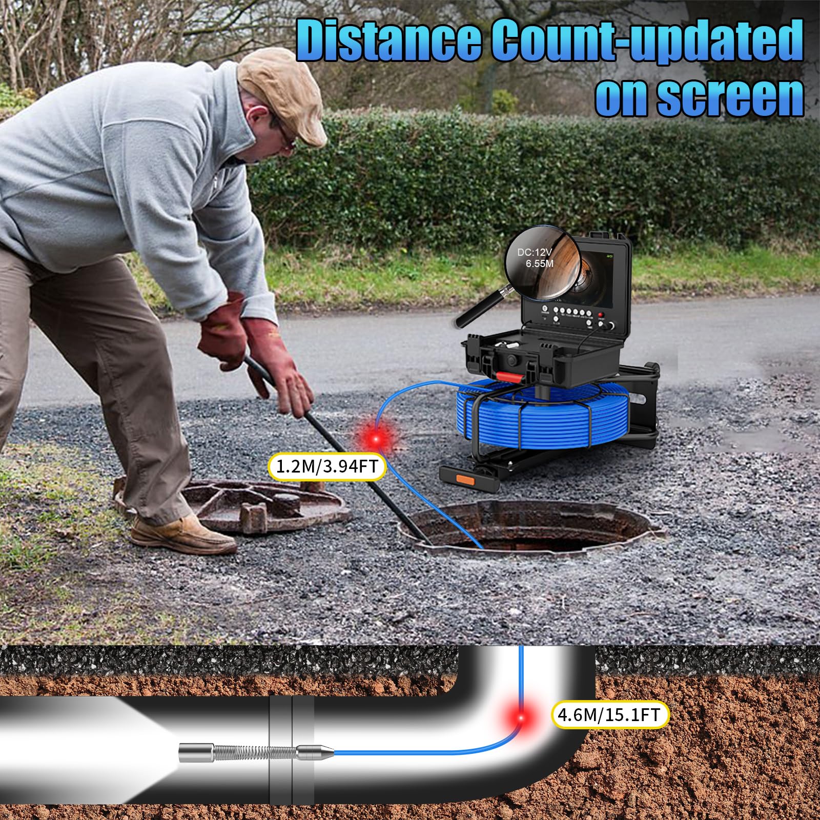 Cámara de alcantarillado con contador de distancia digital, transmisor de 512 Hz, monitor HD 1080P de 9 pulgadas, cámara de fontanería de drenaje, impermeable IP68, cable de 7 mm, tarjeta de