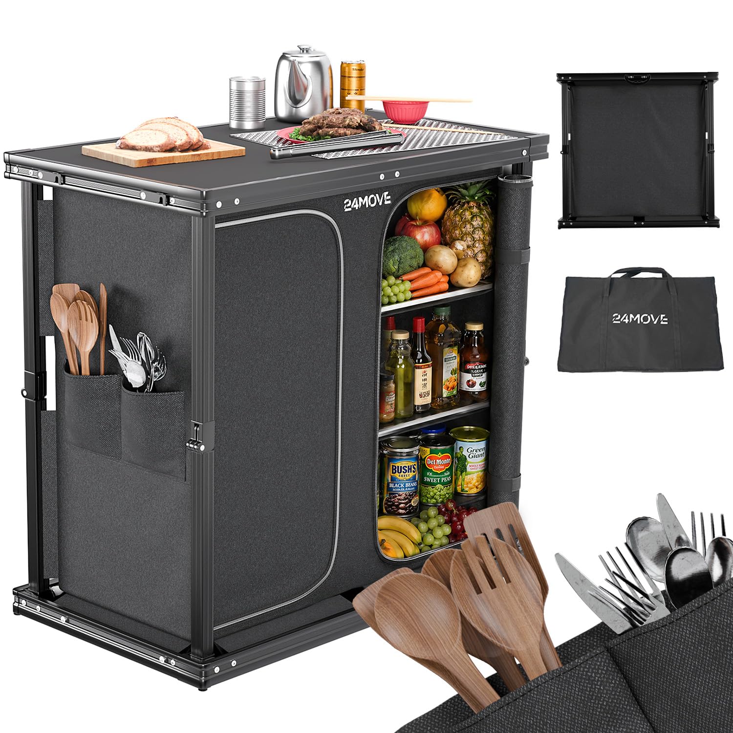 24MOVE® Campingküche, Faltbare Outdoor Küche Arbeitsplatte, MDF Einlegeböden, Besteckfächern, Tragegriff