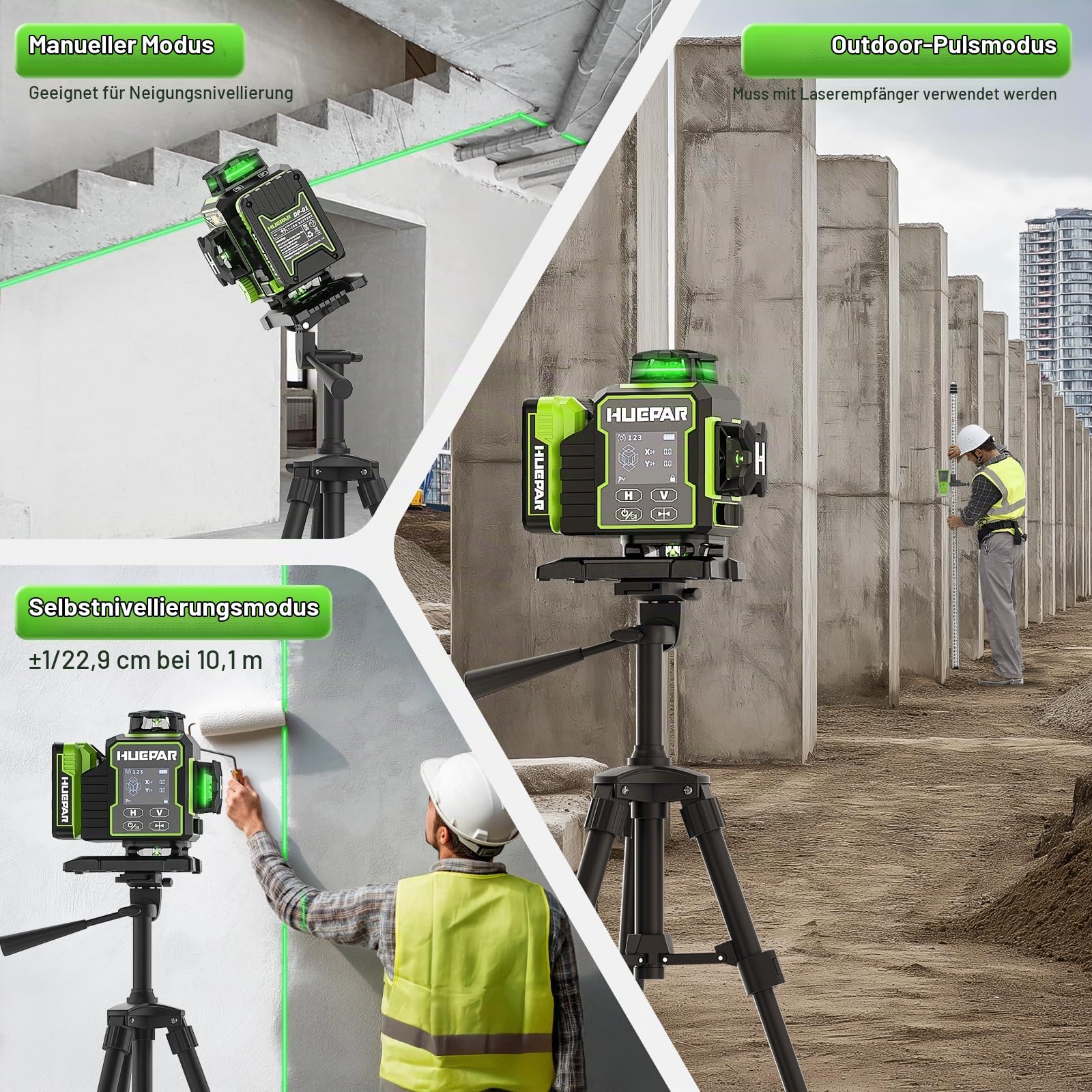 Huepar 4D Laser-Wasserwaage mit Empfänger & LCD-Display, W04CG 8RG