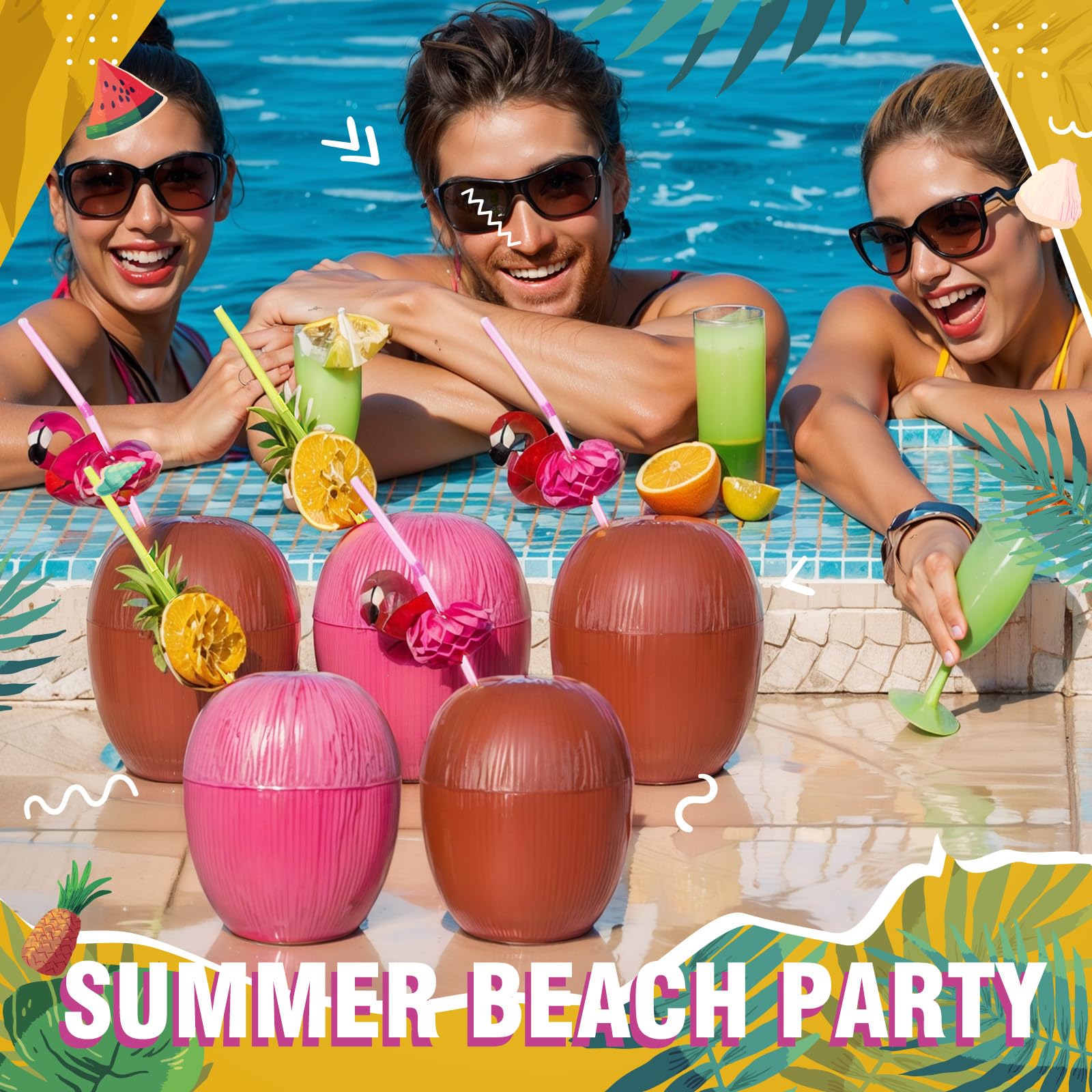 CHENGU 48 Pcs Coconut Cups Set Include 24 Coconut Cups 12 Pineapple Straws 12 Flamingo Straws Hawaiian Luau Tiki and Summer Beach Party Decorations for Adults Party Favor (Pink,Brown)