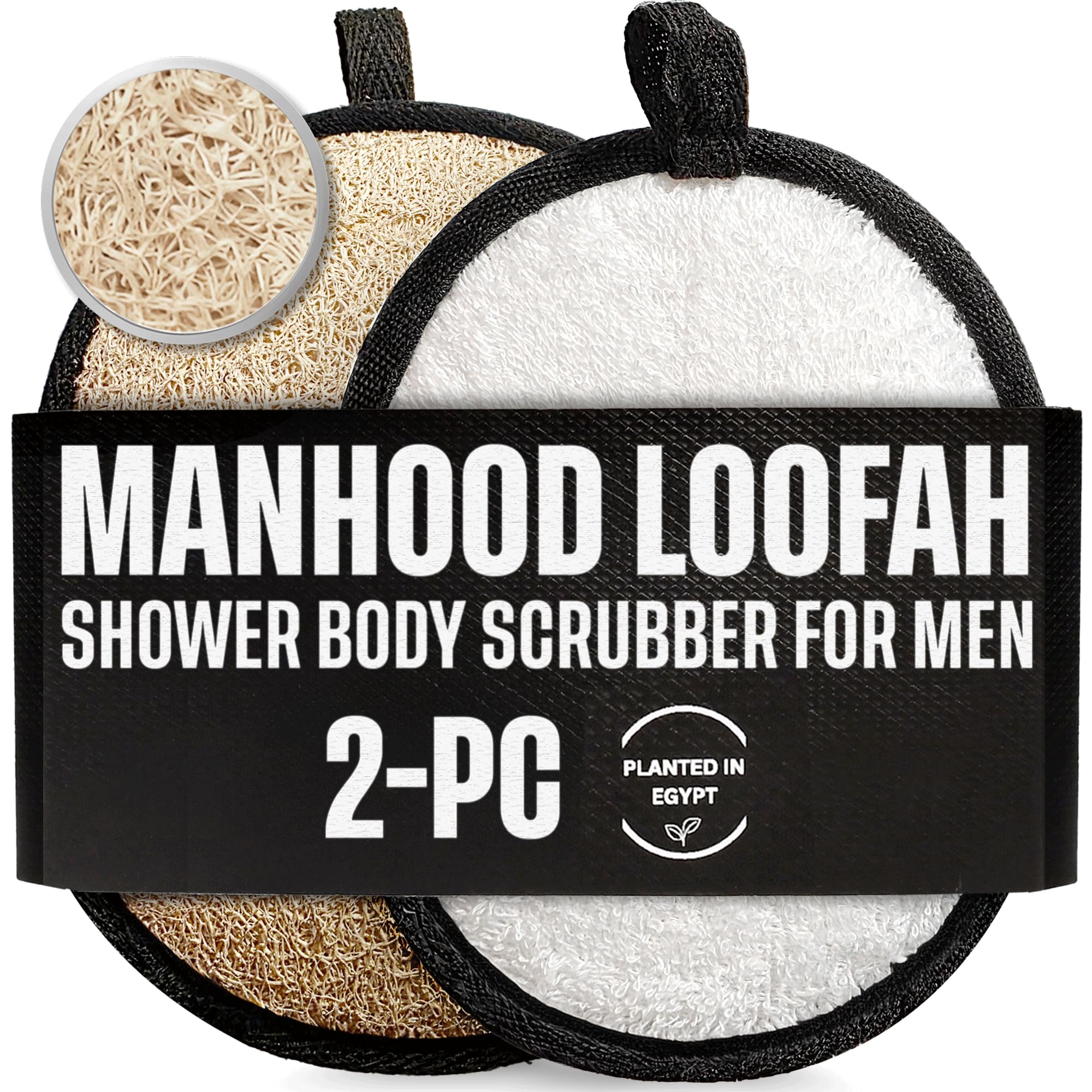 Loofah Body Scrubber for Men – Body Wash & Scrubbing Luffa, Rugged Yet Gentle Lufas for Smoother & Healthier Skin, Terry Cloth Pad for Manly Skin Care, Black & White Masculine Design Loufas Sponge