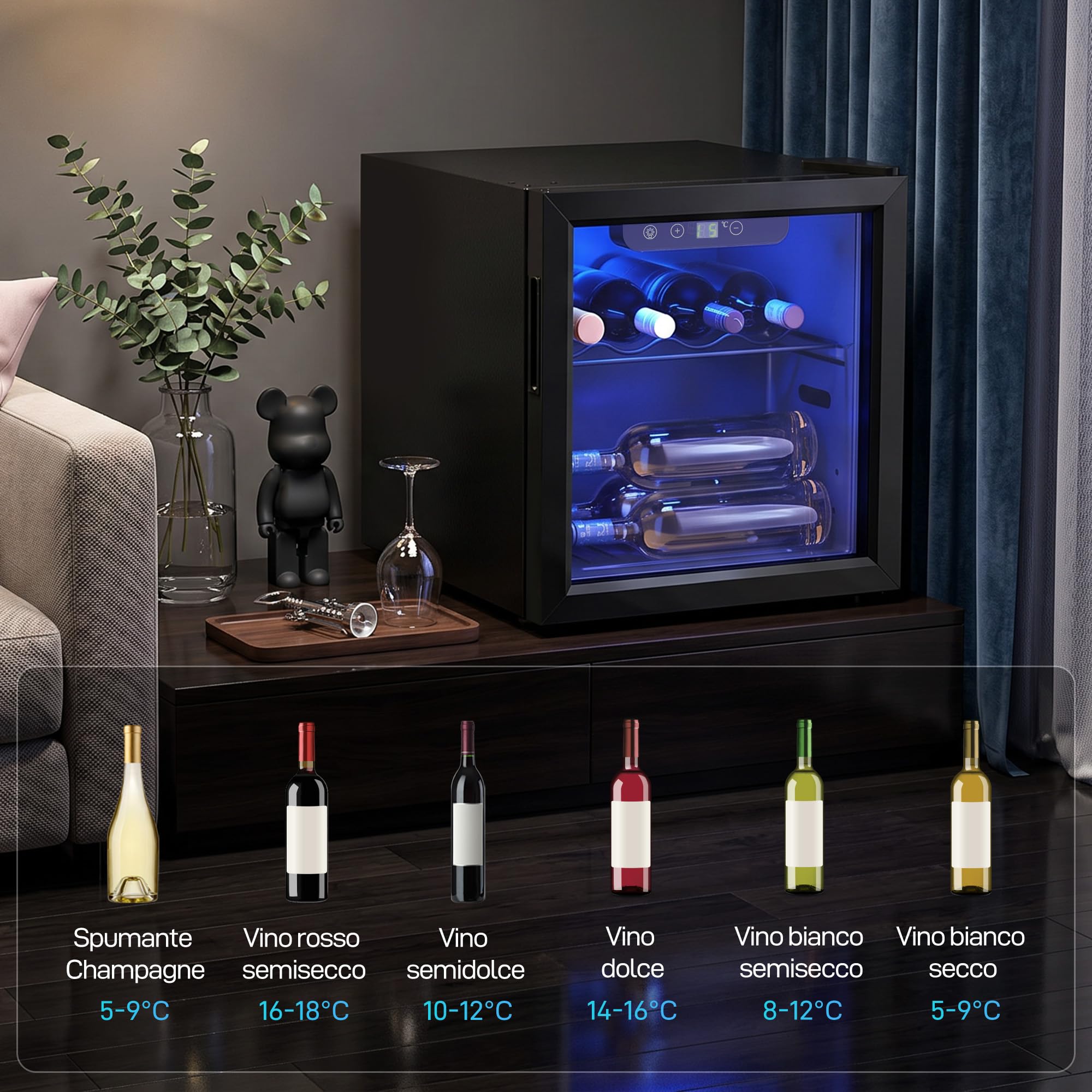 HOMCOM Cantinetta Vino Refrigerata 12 Bottiglie 36L con Temperatura Regolabile 4-16°C, Frigorifero per Vino con Vetro Anti-UV, Compressore, Ripiani, Display Touch, Luci LED, Classe G, Nera