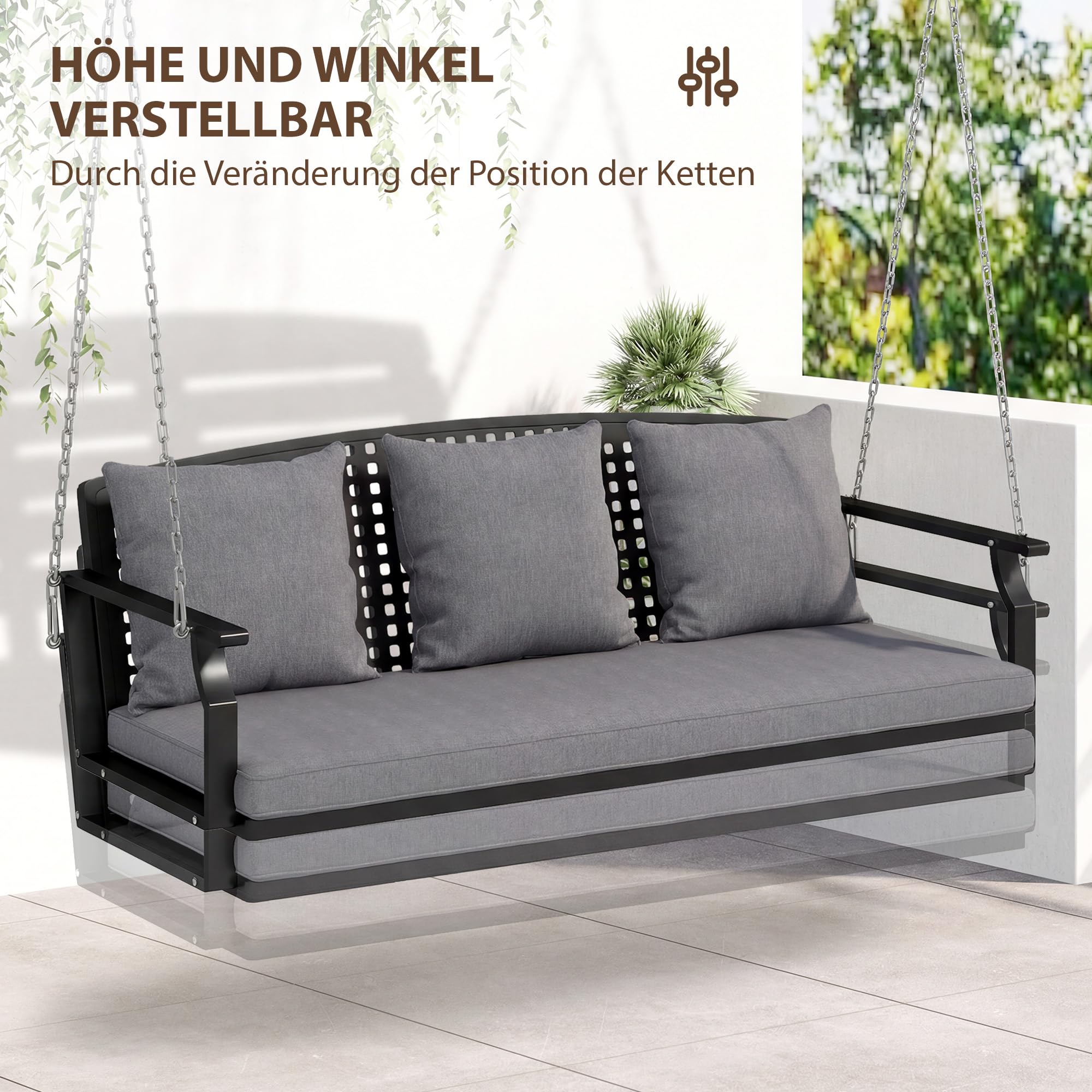 Outsunny Hängebank, 3-Sitzer Schaukelbank mit 3 Rückenkissen, Gartenschaukel aus Stahl zum Aufhängen, bis 360 kg Belastbar, für Balkon, Terrasse, Grau, 154 x 66 x 51 cm