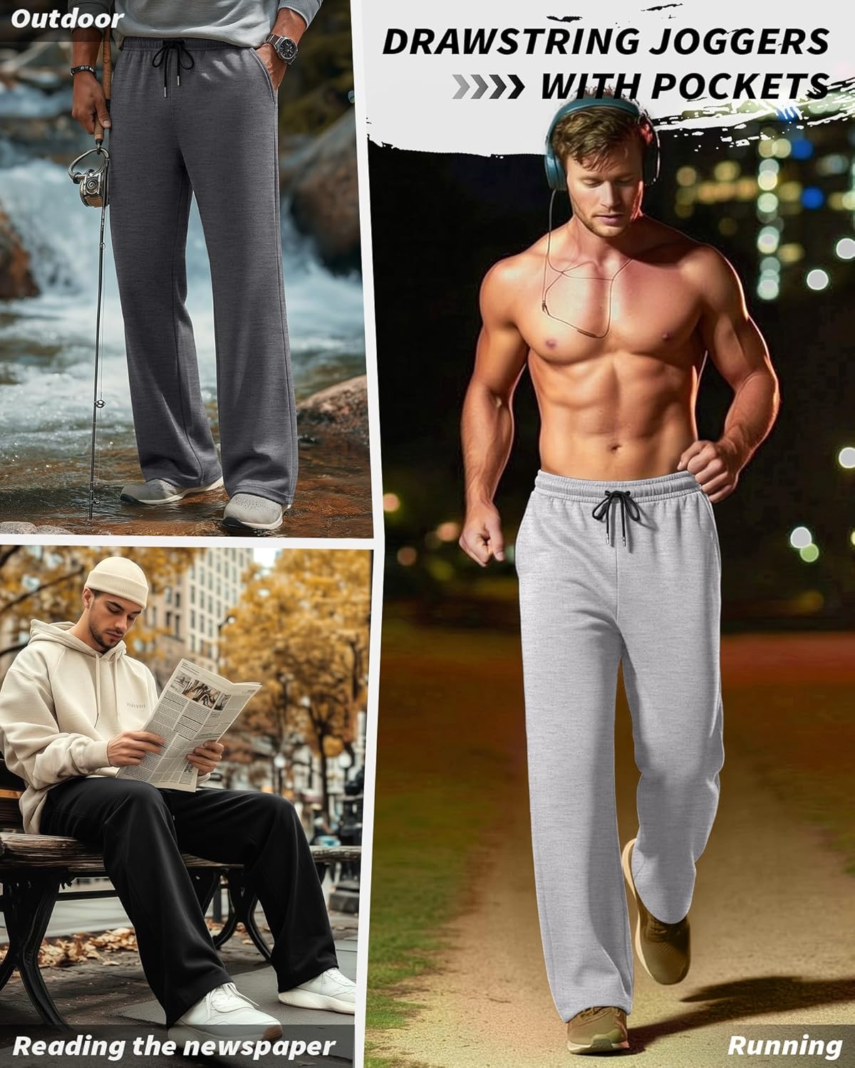 4 Pack Mens Big and Tall Sweatpants Athletic Workout Lounge Open Bottom Pants Drawstring Joggers with Pockets