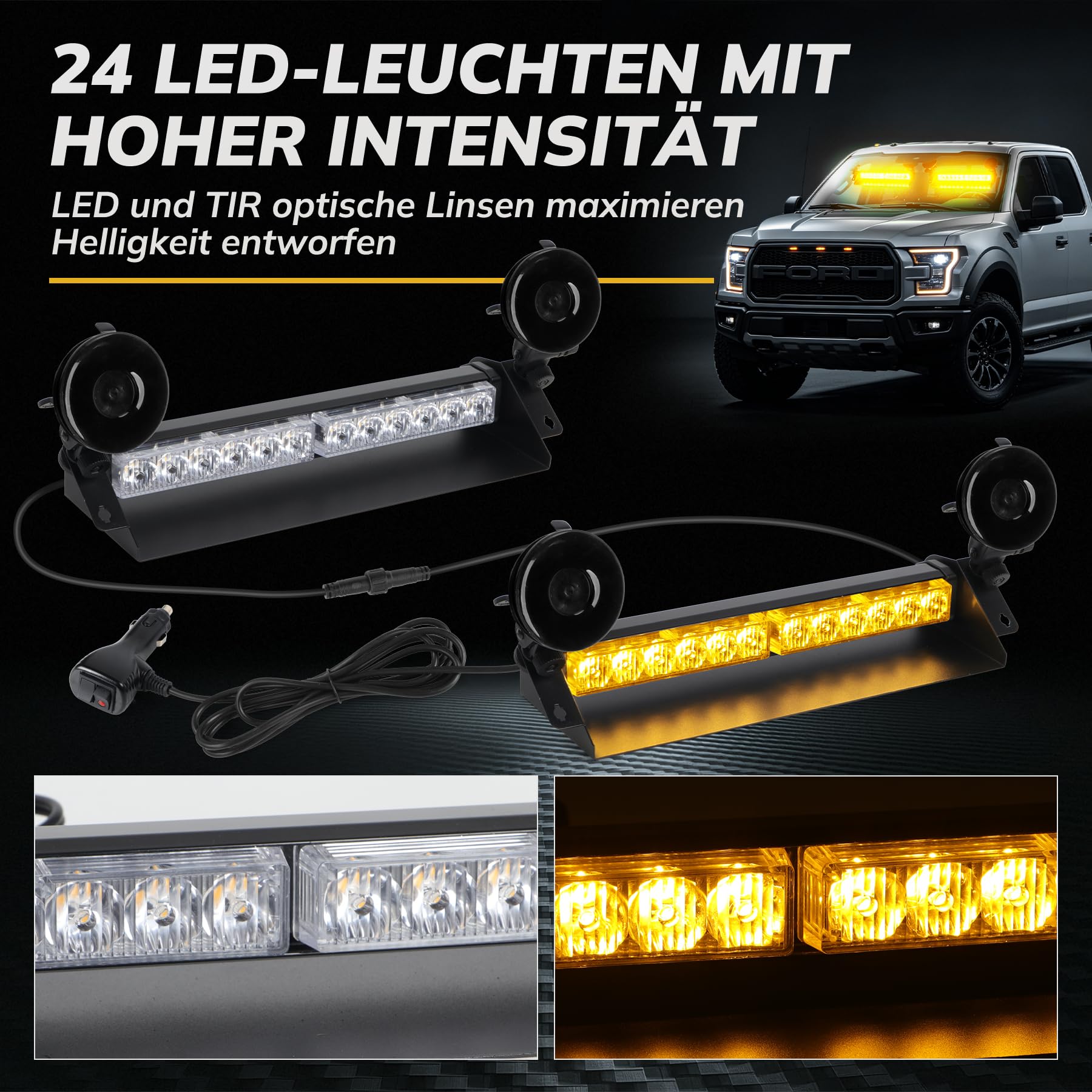 16 Zoll LED-Notwarnlicht Warnleuchte - Gelbes Stärke Blinklicht - LED Stroboskop-Lichtleiste Bernstein Gelb für Auto & LKW - 24 LEDs, 9 Blinkmodi, 4 Saugnäpfe (Orange)