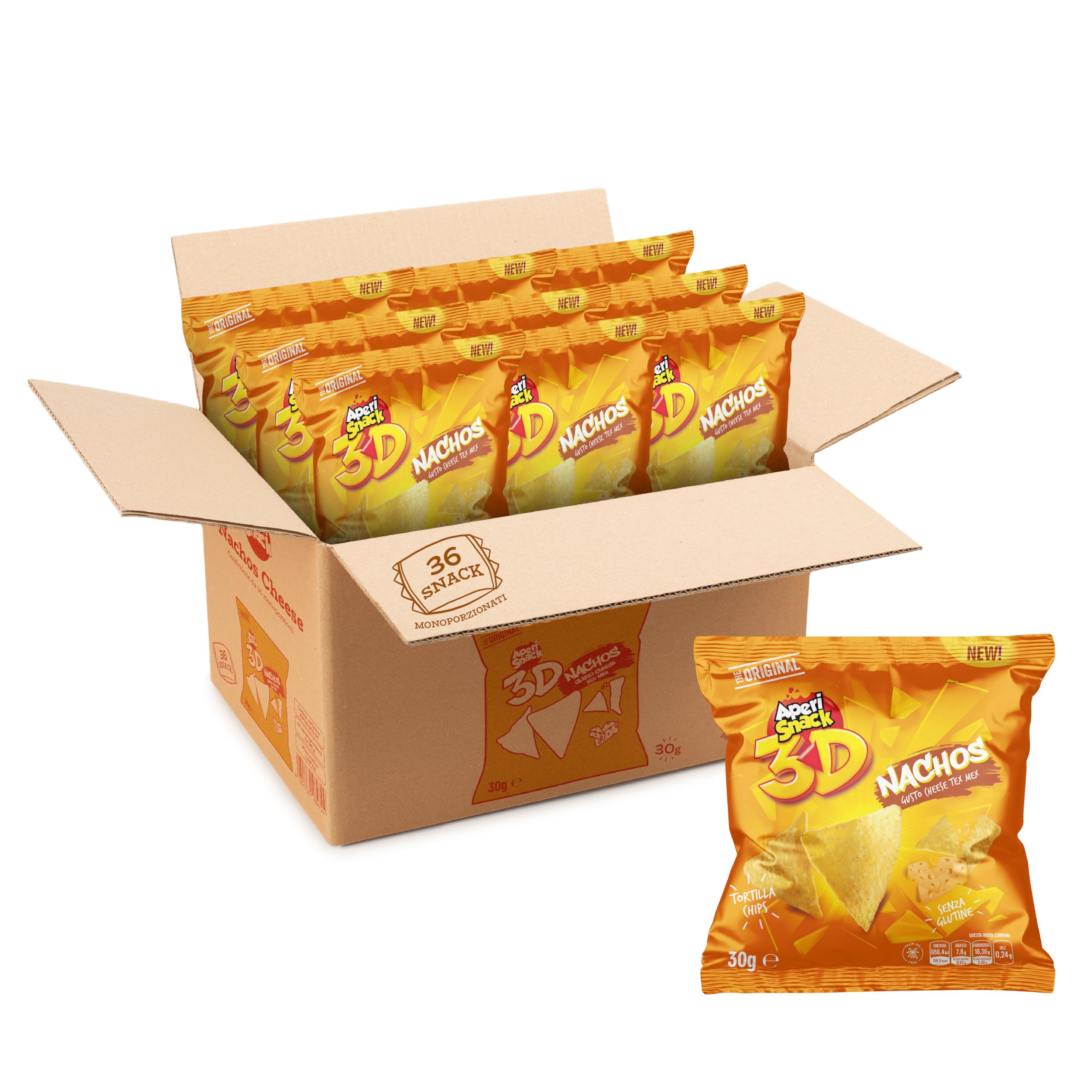 Aperisnack® - AP03.009.05 - Nachos Cheese Box 36pz Monoporzioni da 30g Patatine e Snack Salati per aperitivo