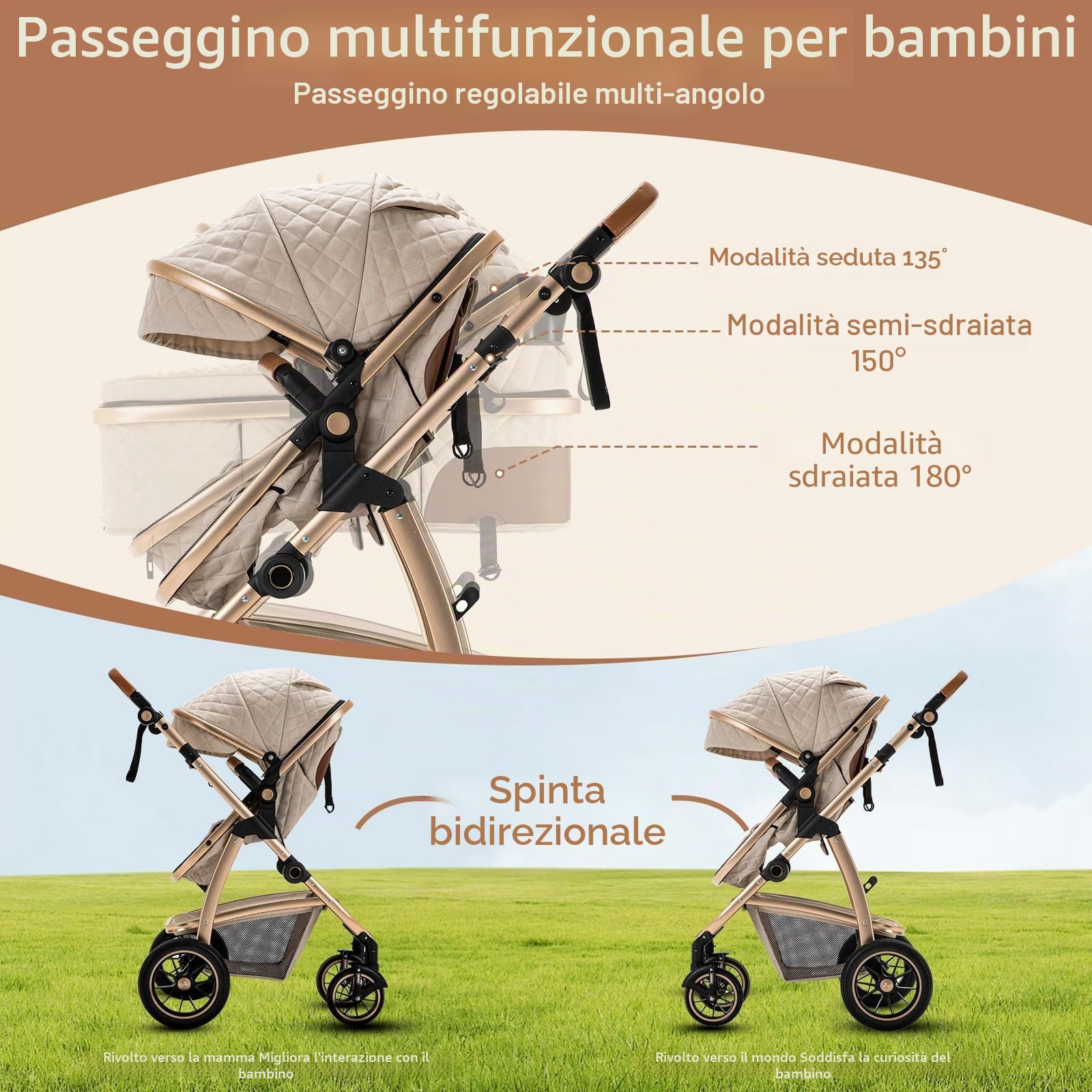 Zkiprm Passeggino 3 in 1, Sistema di Viaggio con Seggiolino Auto, Carrozzina e navicella, Braccioli regolabili, Parapioggia, Zanzariera, Telaio in alluminio, Passeggino urbano per bambini 0-4 anni