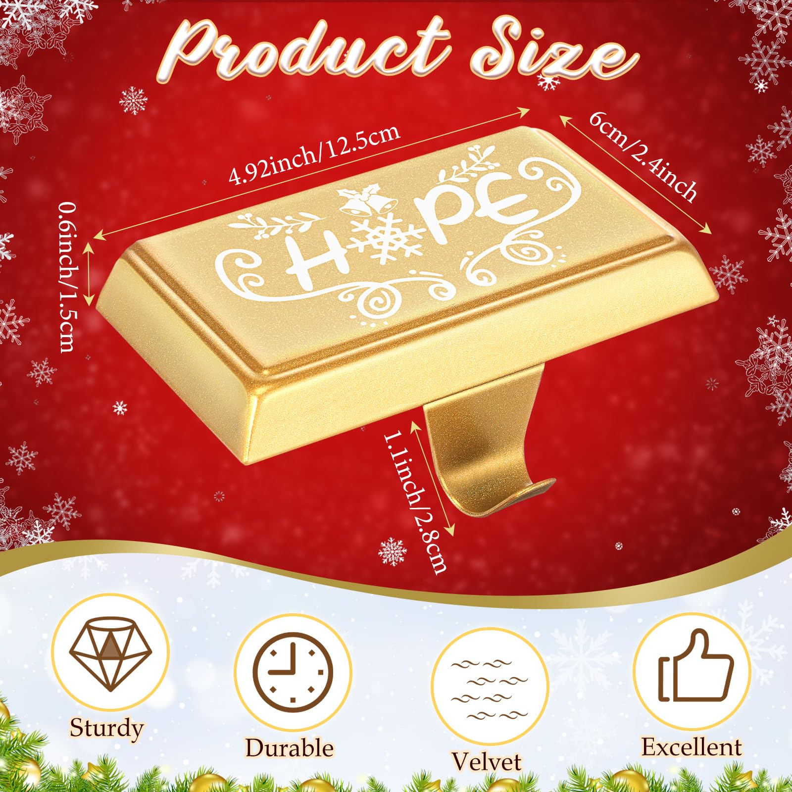 Yaocom 4 Pcs Christmas Stocking Holder Bases Weighted Mantel Stocking Hangers Peace Hope Noel Faith Fireplace Stocking Hooks for Fireplace Stand Hanger Holder Xmas Holiday Decoration (Gold)