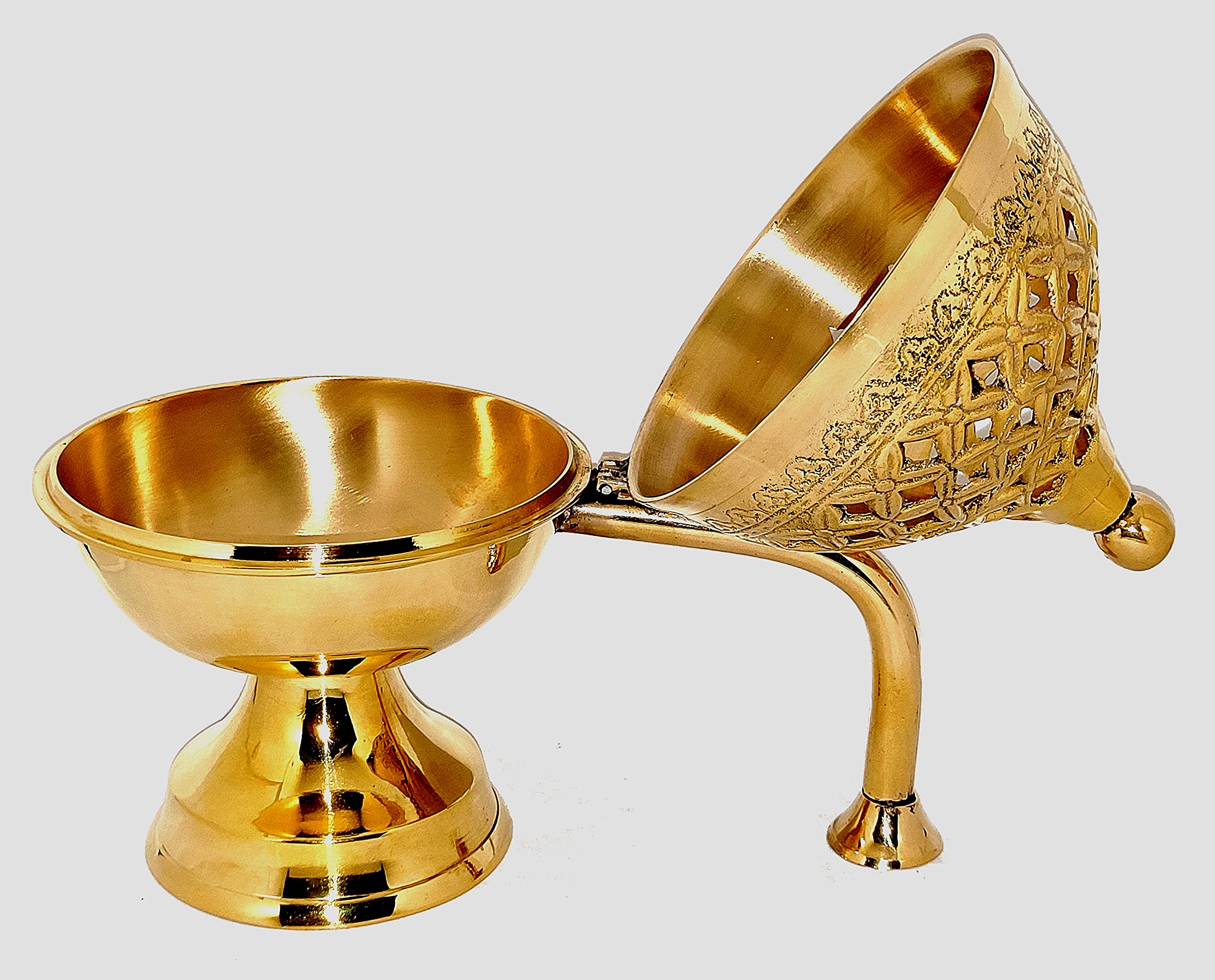 Seducente grande dimensione, Incenso, Dhoop, Bakhoor Dani Diya Holder, Kapoor Difuser, Home Purifying Lobandan Stand - 19x19x12 cm, in ottone puro, finitura dorata