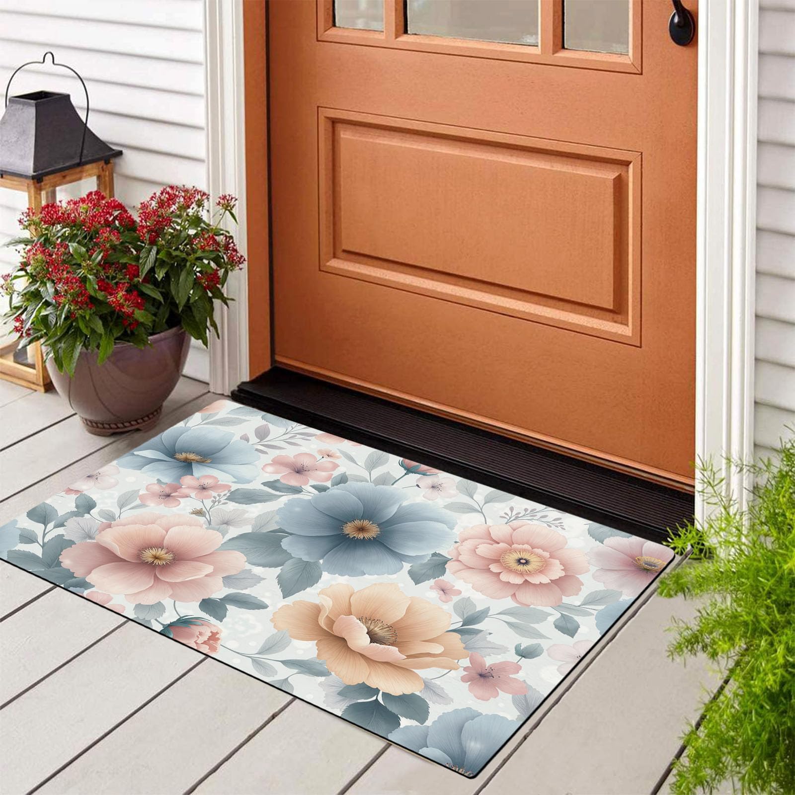 Tapis Entree Interieur Fleurs De Campagne Rurales 80x120cm Lavable en Machine, paillasson AntidéRapant Poil Ras, Aquarelle Coquelicot pour Chambre Salle a Manger Cuisine, Bleu Rose