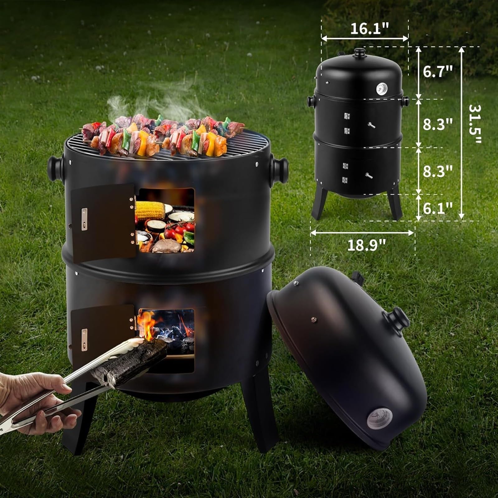 Barbecue portatile 3 in 1 a carbonella, 81,3 cm, affumicatore verticale per esterni, con termometro integrato e ganci, griglie a carbone con affumicatore per carne, per cucinare all'aperto, grigliare,