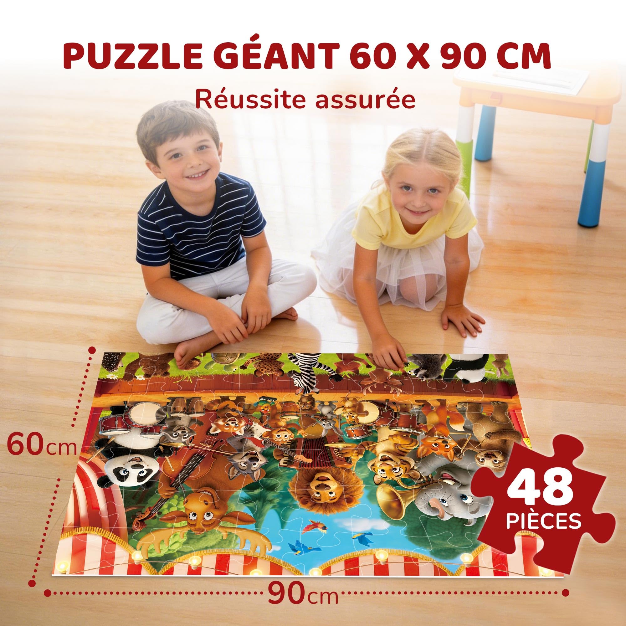 BenBen Grand puzzle de sol à partir de 3 4 ans, puzzle XXL pour enfants de 48 pièces, 90 x 60 cm, cadeau pour garçons et filles, concerts d'animaux