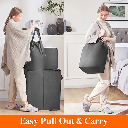 Miniatura 4 de Lifewit - Cesta de lavandería doble con tapa y bolsas de lavandería extraíbles, gran cesta plegable con 2 divisores y asas, para habitación,