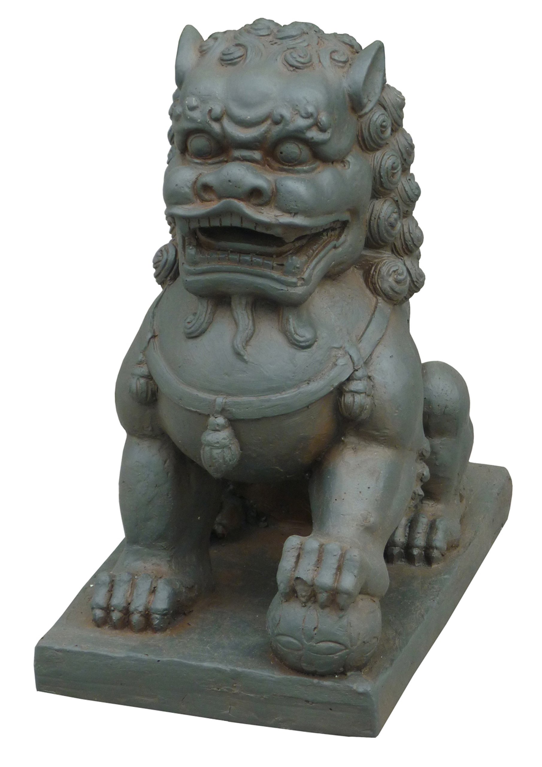 Food Dog - Right Paw On Ball. Foo translates from one of two Chinese words for "Buddha" or "prosperity". They come in pairs to represent the yin and yang of life, the feminine and masculine. The male sits to the right with his paw on a sphere to represent the earth and serves to protect the house and structure. The female sits to the left with her paw on a cub to represent the cycle of life and serves to protect the occupants and promote abundance. They are actually Imperial Guardian Lions that typically sit at the entrance of a prominent and affluent home.