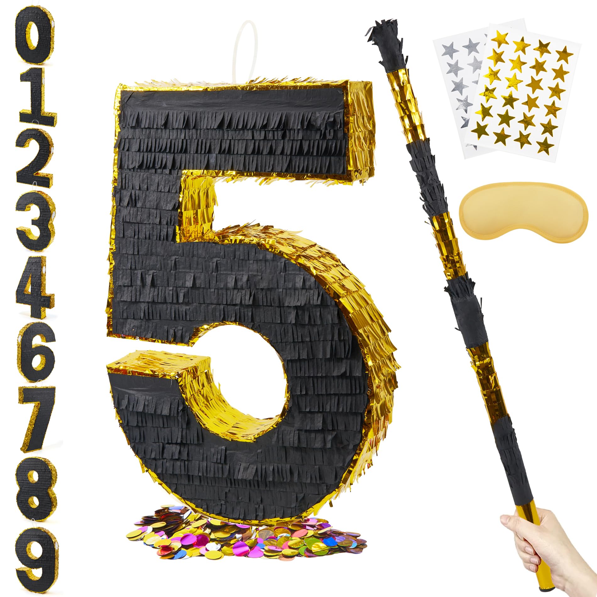 PCFING 20 Inch Number 5 Piñata Gold Black with 30 Inch Piñata Stick Blindfold Confetti for Man Women Boys Girls Birthday Party Decorations,