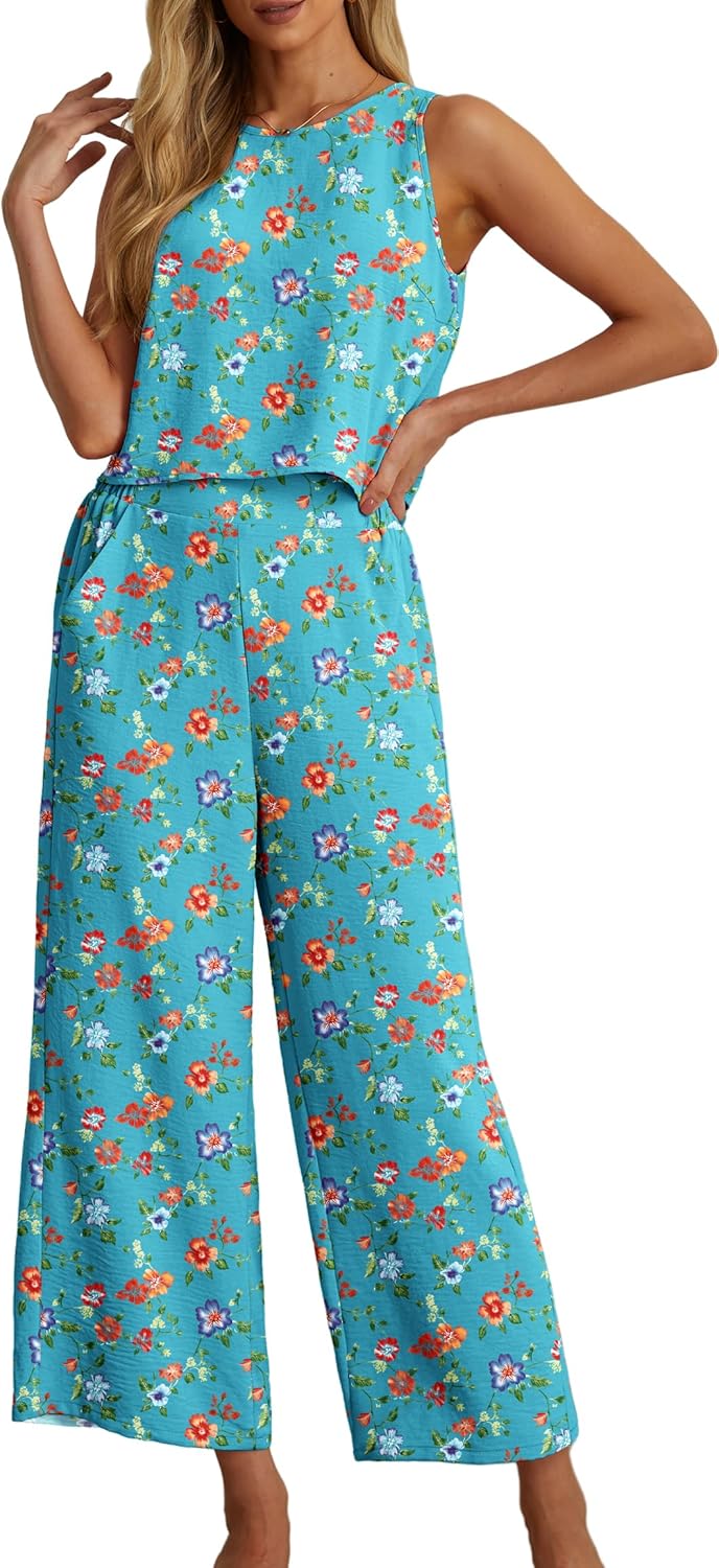 IWOLLENCE Women's Summer 2 Piece Outfits Set Round neck Sleeveless Tank Crop Top Wide Leg pants Set Pockets Jumpsuits