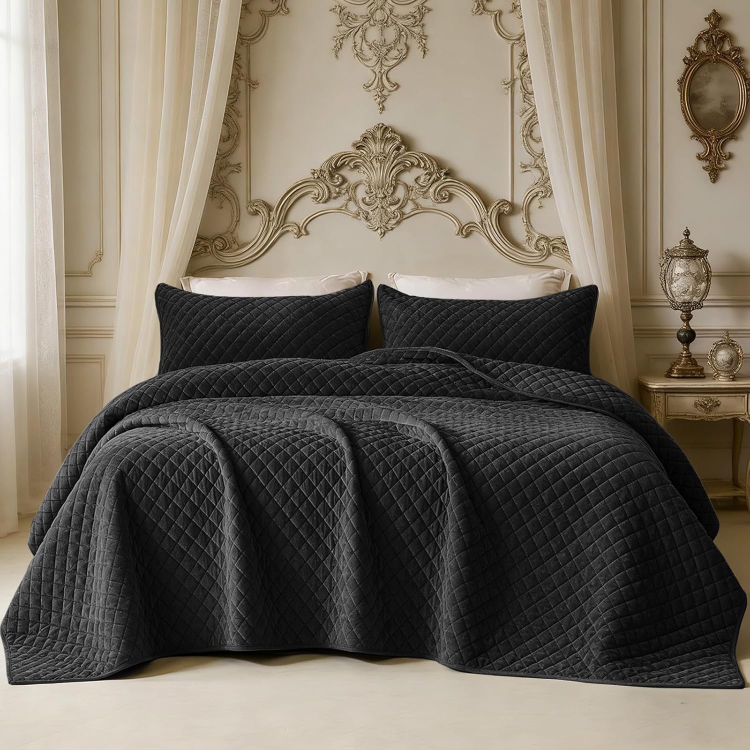 Velvet Oversized King Quilt Size Set 120x120 Luxury Ultra Soft Bedspread Coverlet 3-Piece King Comforter Sets with 2 Pillow Shams 20x36 Cozy All Seasons Velvet Bedding Set, Black