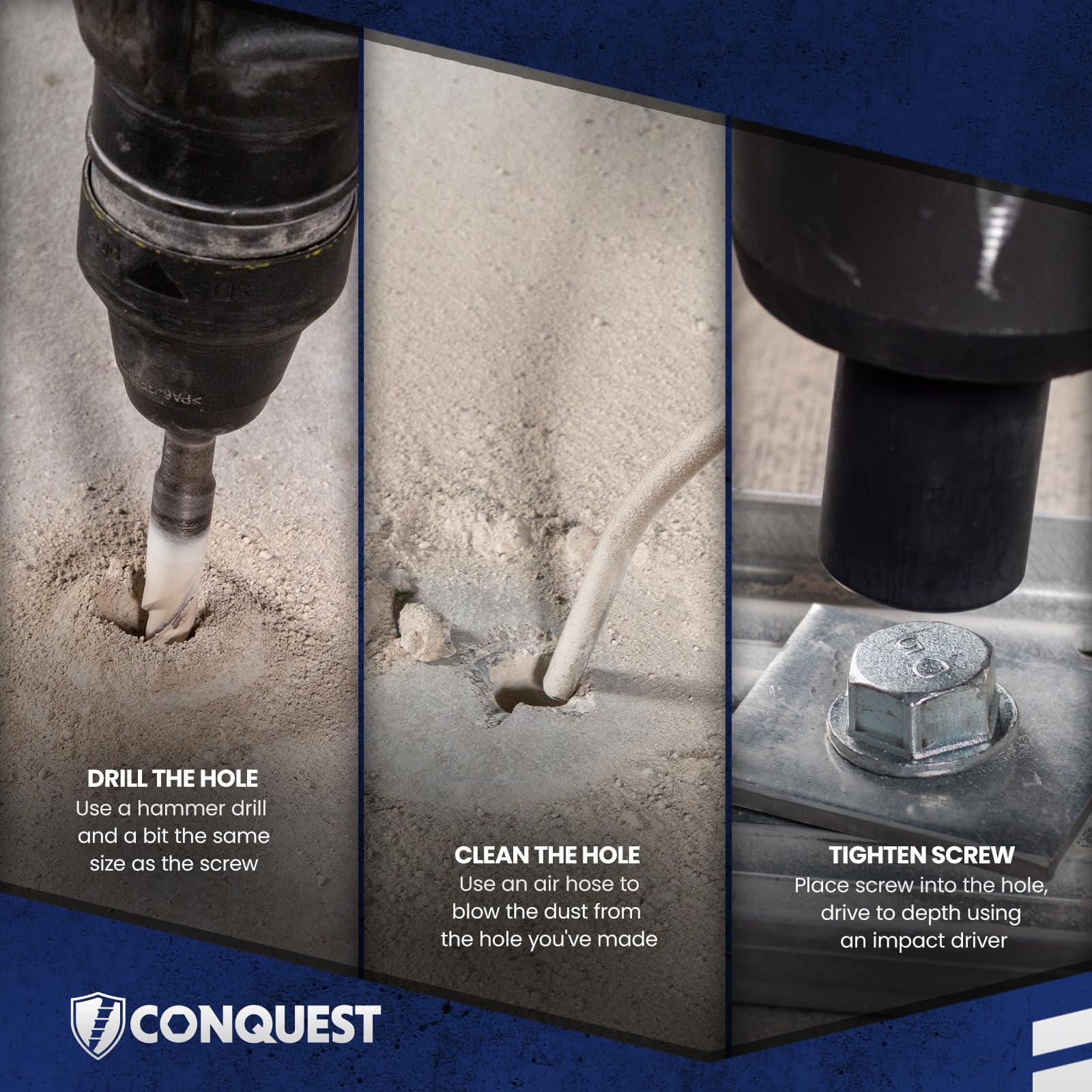 Conquest - Tornillos de hormigón galvanizados de gran diámetro para anclar en mampostería o hormigón sin agrietar (paquete de 50)