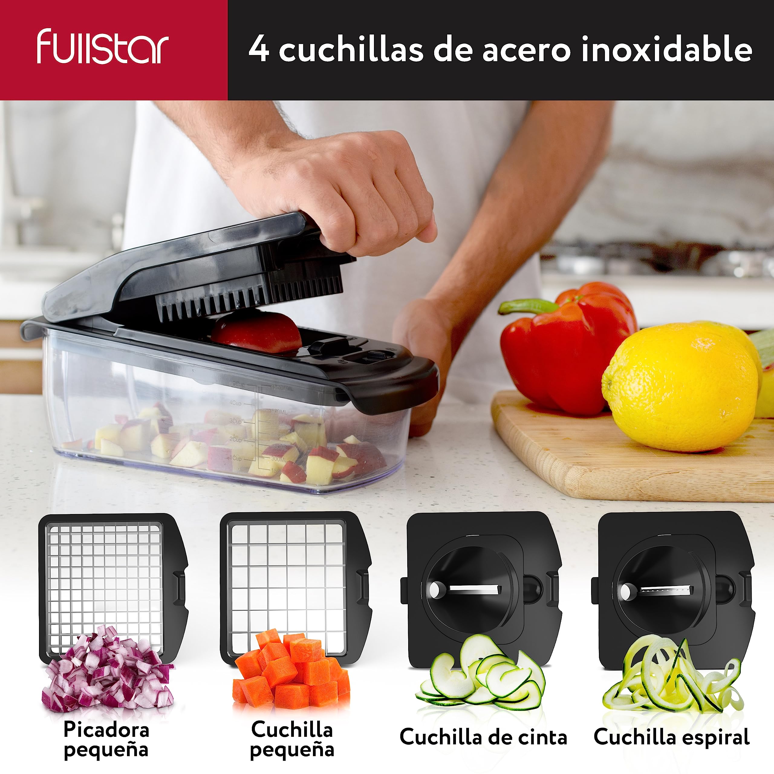 Fullstar Multifuncional Cortador de Verdura y Espiralizador - Picador de Verduras Manual para Cebolla Pepino Patatas Fritas Frutas - Gadgets y Accesorios de Cocina (PRO 9-en-1, Negro) — view 3