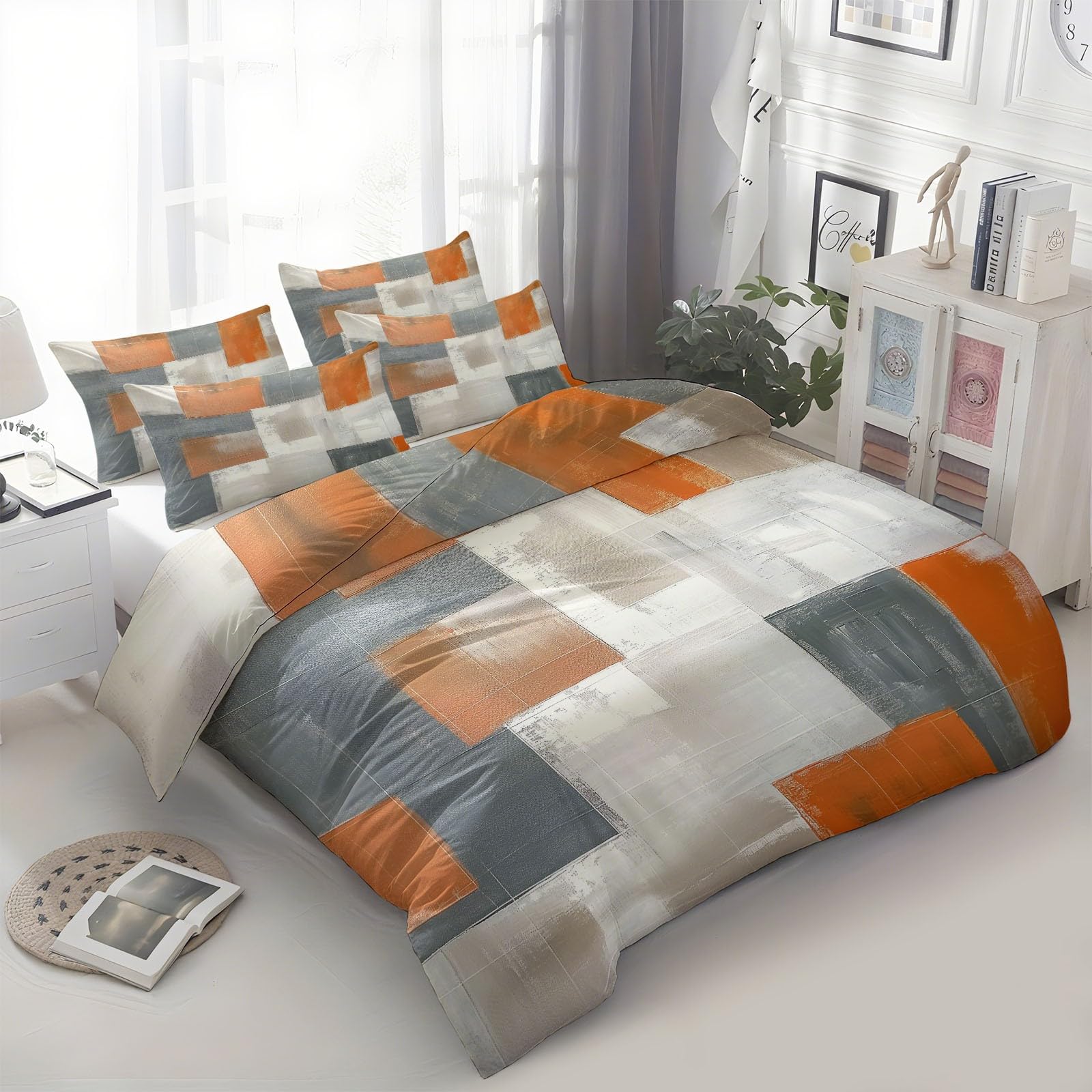 Parures de lit 280 x 240 cm Blocs de Couleurs Gris Orange et Beige Ensemble De Literie avec Fermeture Éclair Art Moderne Réversible Housse de Couette Parure de lit Doux Imprimé avec 2 Taie d'oreiller