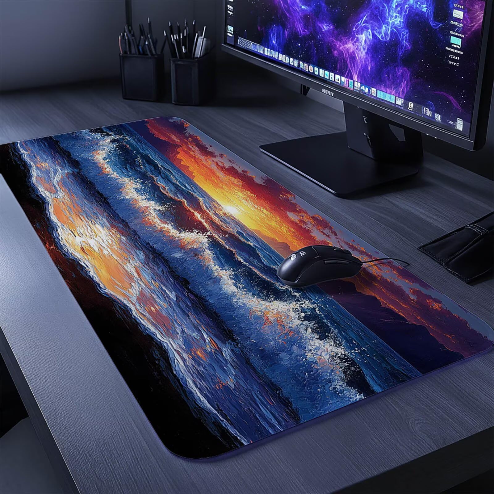 Podkładka pod mysz fale morskie XXL podkładka pod mysz 140 x 60 x 0,3 cm Podkładka pod mysz z antypoślizgową gumową podstawą do przenośnej klawiatury Gamer PC Dekoracja jesiennego biura krajobraz DBYH