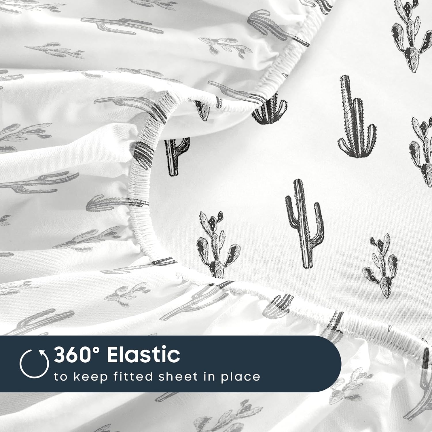 Wake In Cloud - Western Bed Sheets, 4-Piece Sheet Set, Southwestern Cactus Botanical Desert Plant Vintage Pattern Printed Bedding, Deep Pocket, Charcoal White, King Size