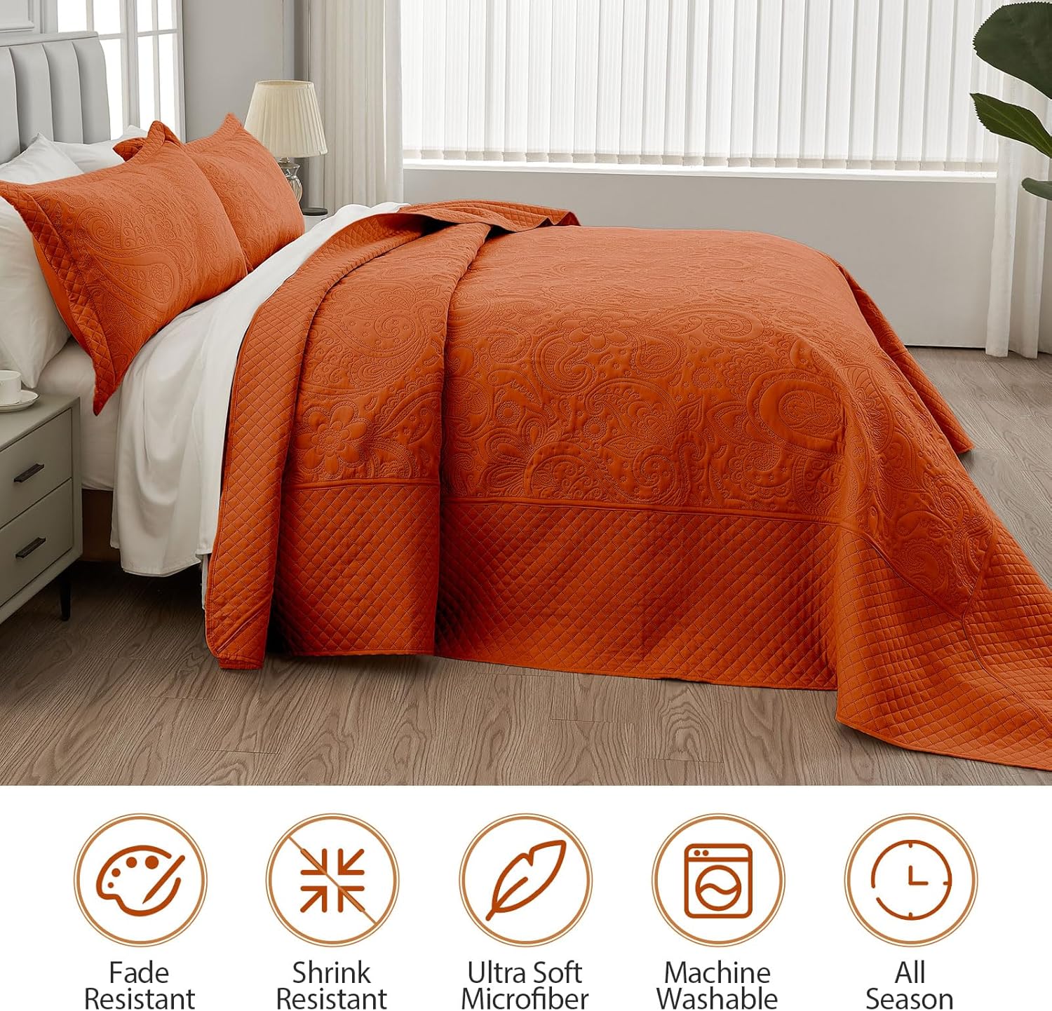 Qucover Alaska King Bedspread 132x 120, Burnt Orange Oversized King Bedspread, 3 Piece Soft Microfiber Lightweight Oversized King Quilts Extra Width, Quilting Paisley Pattern, Orange
