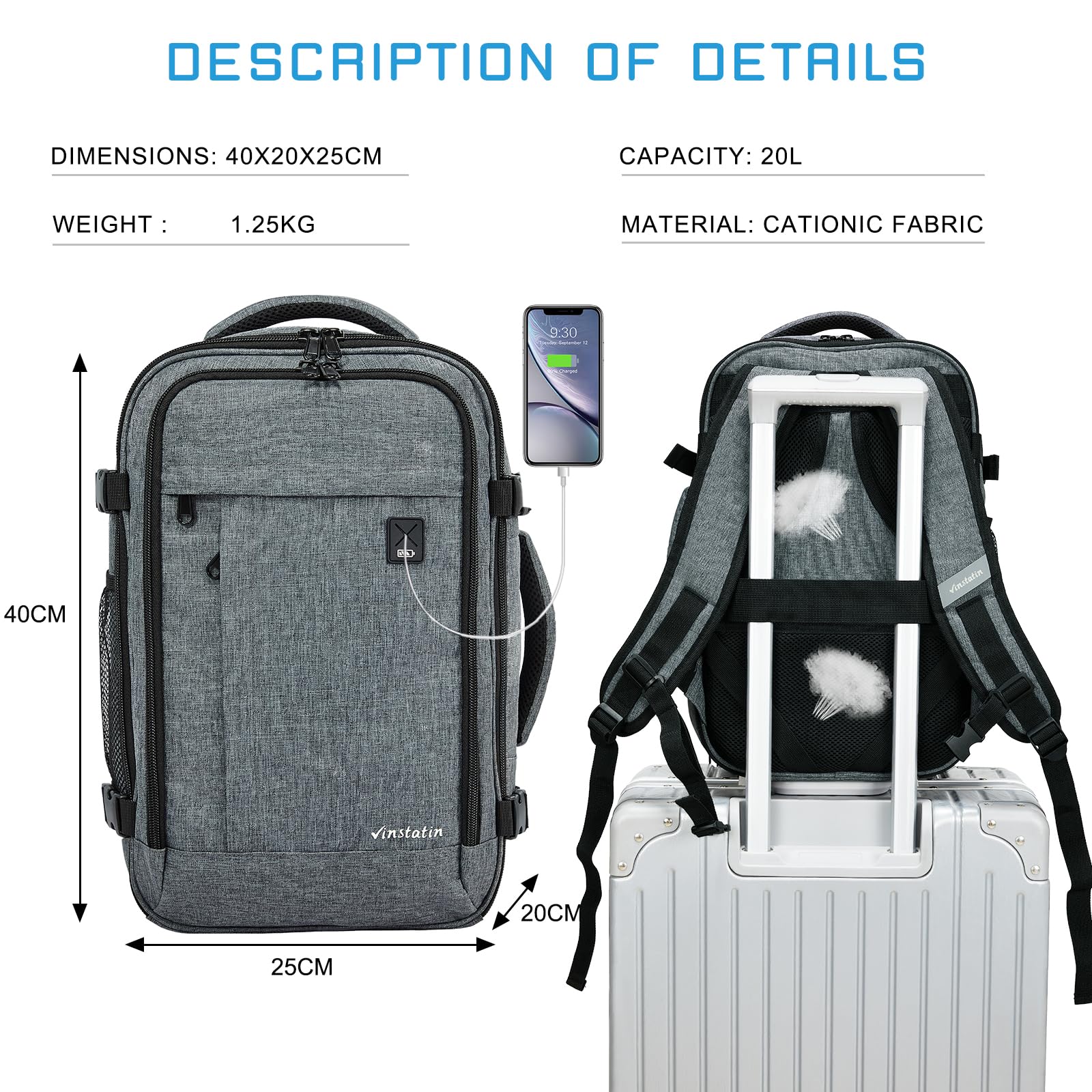 Vinstatin Zaino Ryanair 40x20x25 (20L) Zaino da Viaggio per Donne e Uomini,Zaino Aereo con 4 Sacchetti Organizzatori, bagaglio a mano Borsa Viaggio Cabina Zaino Travel Viaggio Casual