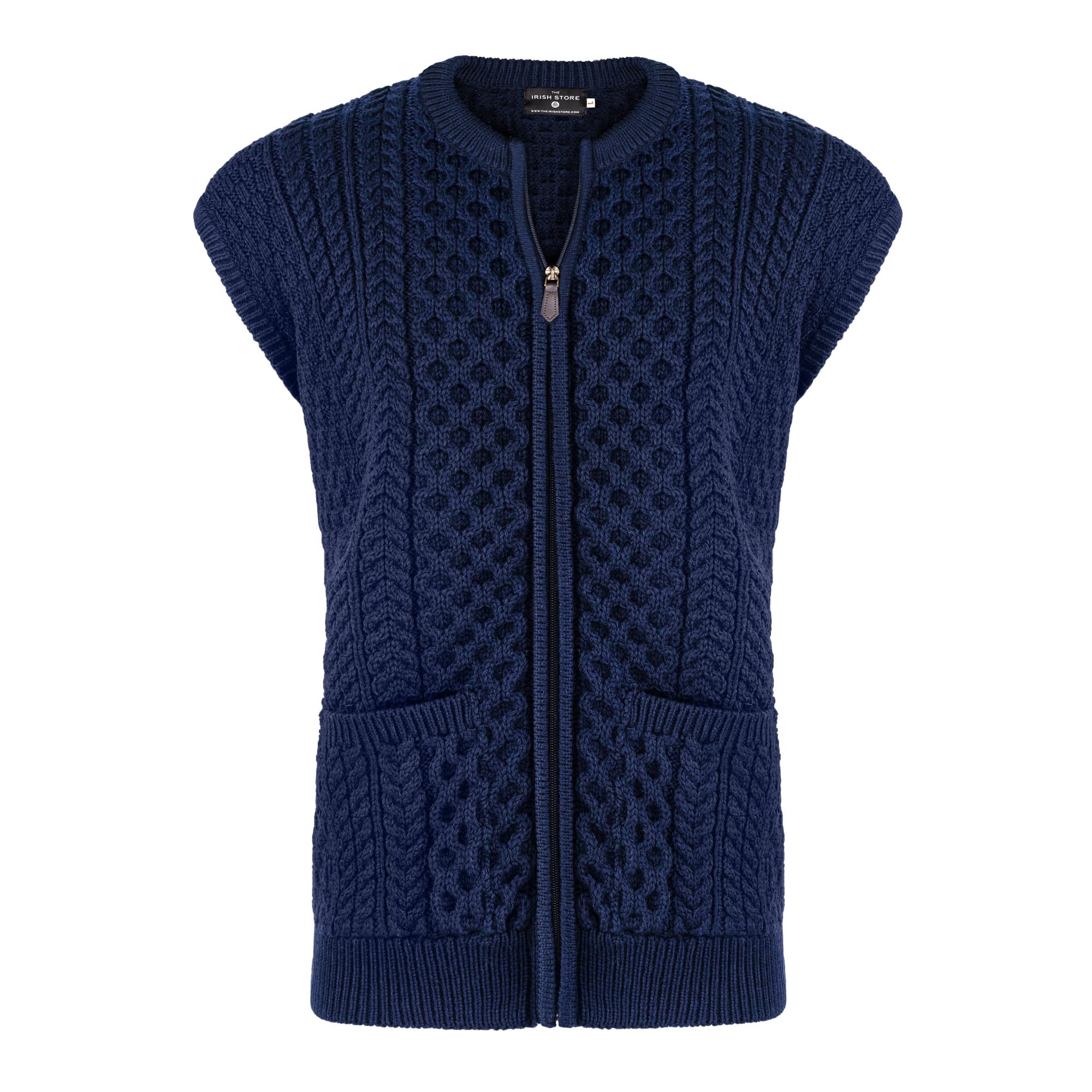 Cardigan leggero da uomo, senza maniche, con cerniera, calda, 100% lana merino, maglia Aran a trecce (blu navy, M)