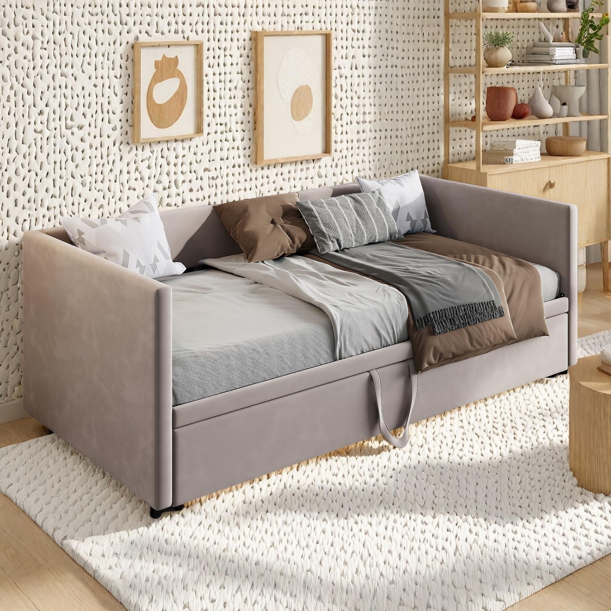 Schlafsofa 90/180x200cm mit Lattenrosten, Polsterbett mit Ausziehbett, Mehrzweck Schlafsofa，Klappsofa 2-Sitzer mit Rückenlehne AUD Schlaffunktion, Samt, ohne Matratze (Grau, 213 x 183 x 74 cm)