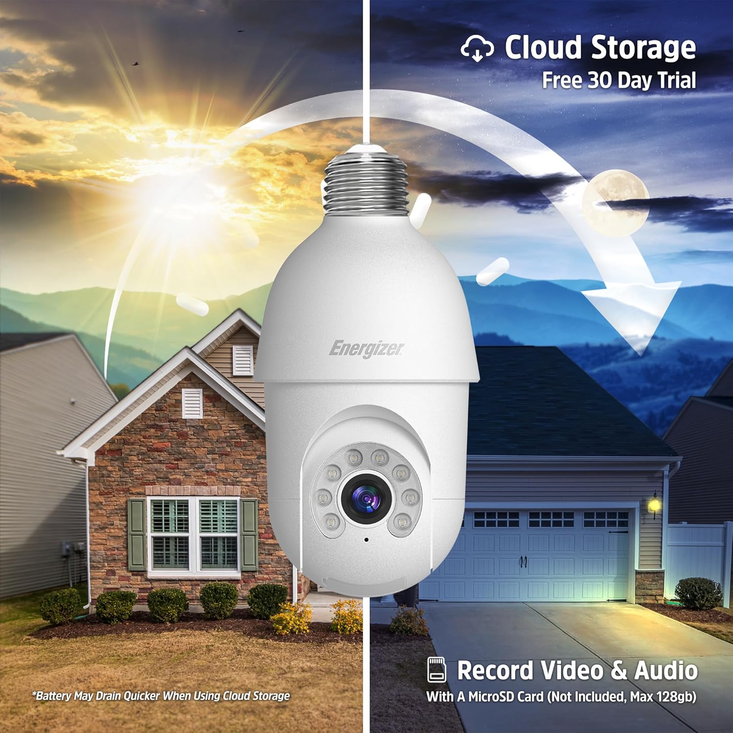 Energizer Smart Socket Camera, 2K QHD Outdoor Light Bulb Security Camera, 5GHz/2.4GHz, Pan & Tilt Auto Motion Tracking, 2-Way Audio, Night Vision, Recording, Alerts, Voice Control with Alexa & Google