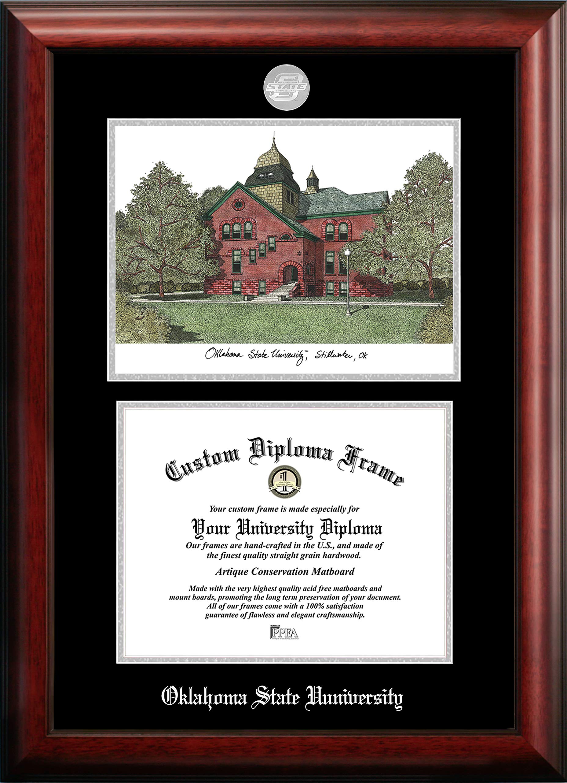 Campus Images NCAA Oklahoma State Cowboys Unisex Silver Medallion Frame Oklahoma State Cowboys 11w x 8.5h Spirit Graduate Diploma Frame and Lithograph, Brown, One Size