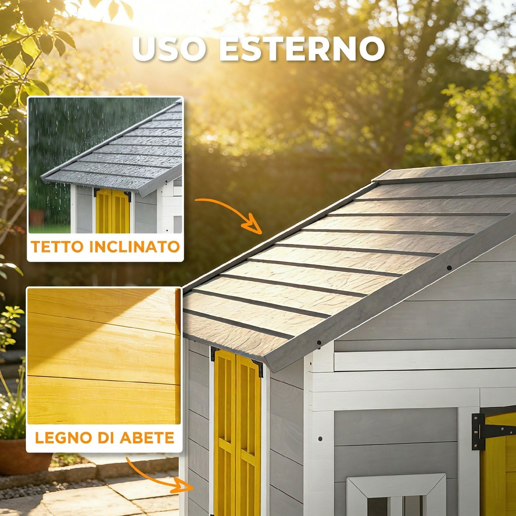 Outsunny Casetta in Legno per Bambini 3-8 Anni, Casetta da Giardino per Bambini con Finestre, Tetto Inclinato, Vasi e Fioriere, Grigio, Giallo, Bianco